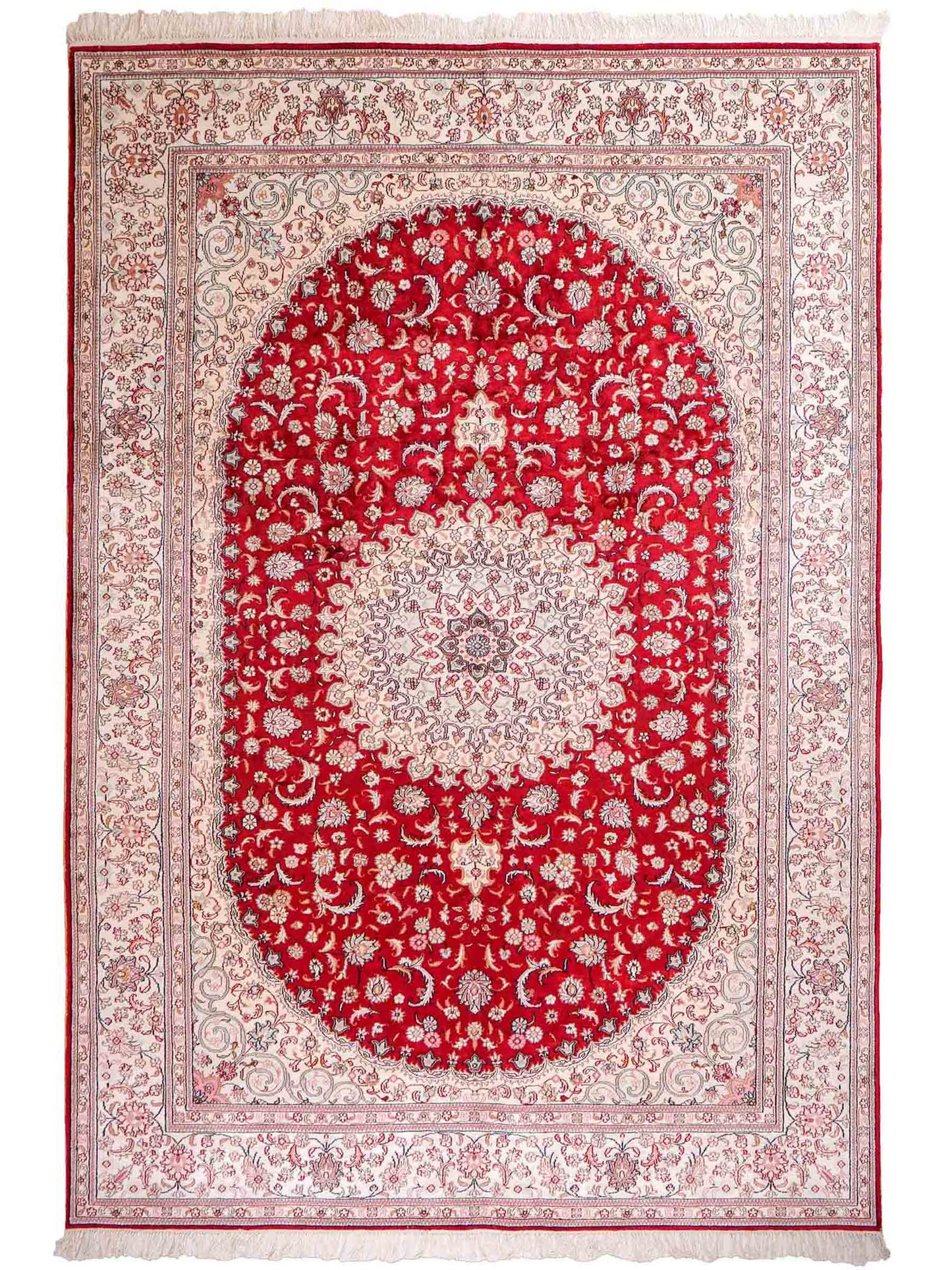 Feiner, handgeknüpfter, chinesischer Orientteppich mit Nain Design aus Kunstseide, rot, weiß, creme. 263x180 cm. Verkauf durch Jupiter Intl.