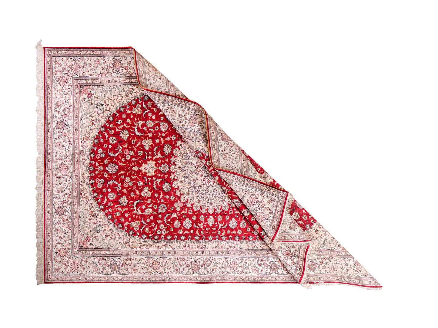 Feiner, handgeknüpfter, chinesischer Orientteppich mit Nain Design aus Kunstseide, rot, weiß, creme. 263x180 cm. Verkauf durch Jupiter Intl.