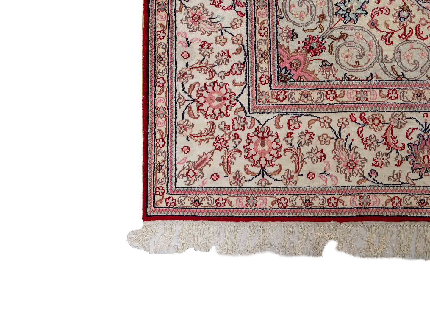Feiner, handgeknüpfter, chinesischer Orientteppich mit Nain Design aus Kunstseide, rot, weiß, creme. 263x180 cm. Verkauf durch Jupiter Intl.