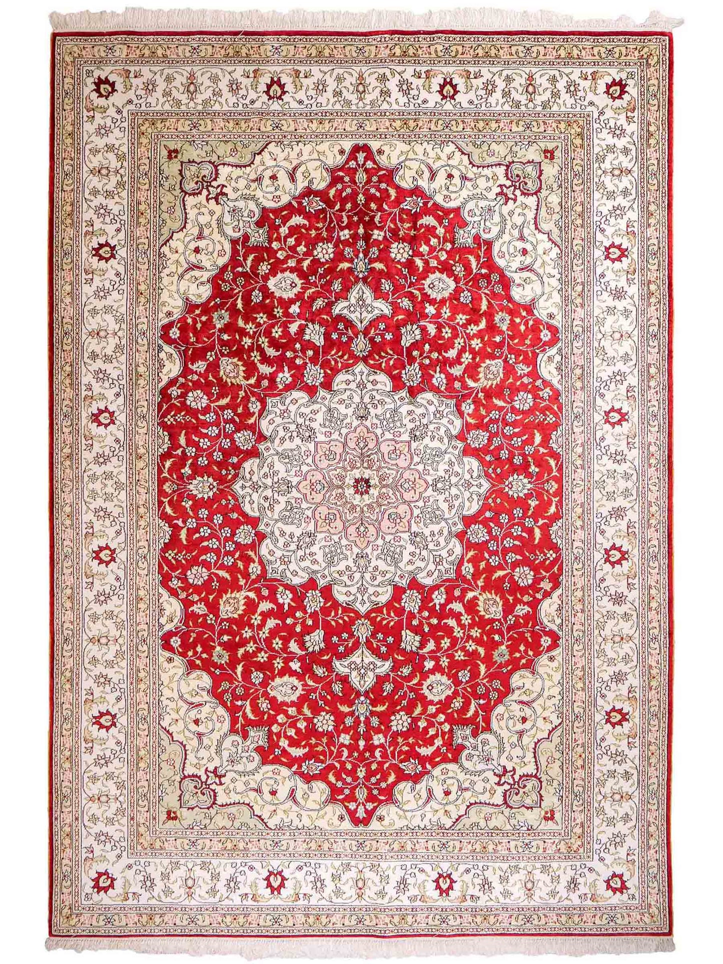 Feiner, handgeknüpfter, chinesischer Orientteppich mit Nain Design aus Kunstseide, rot, weiß, creme. 272x188 cm. Verkauf durch Jupiter Intl.