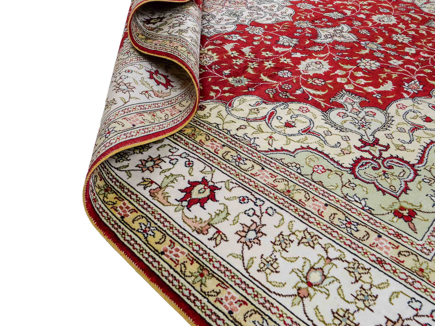 Feiner, handgeknüpfter, chinesischer Orientteppich mit Nain Design aus Kunstseide, rot, weiß, creme. 272x188 cm. Verkauf durch Jupiter Intl.
