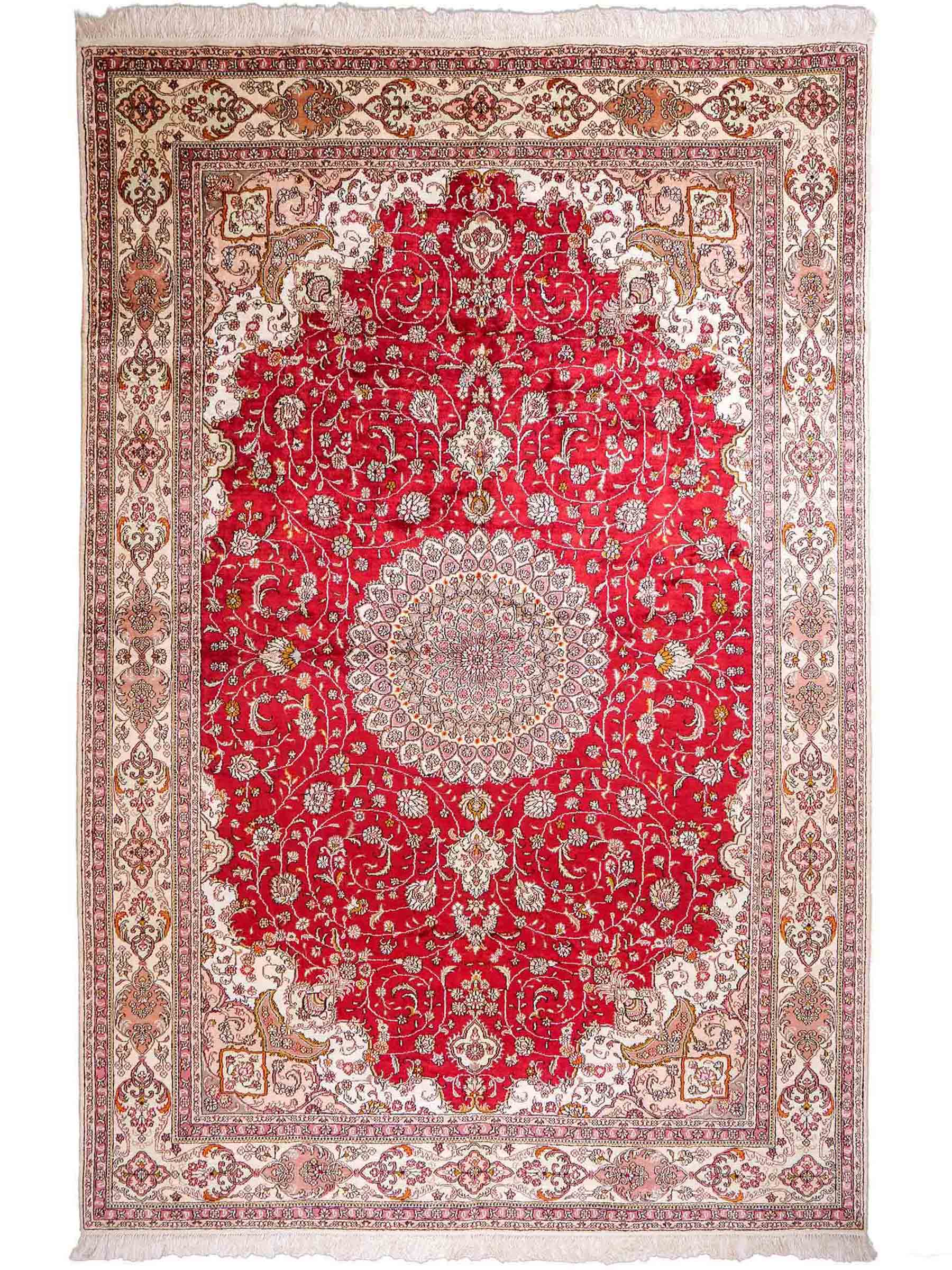 Feiner, handgeknüpfter China Nain Orientteppich aus Kunstseide, rot, creme, weiß. 278x183 cm. Verkauf durch Jupiter Intl.