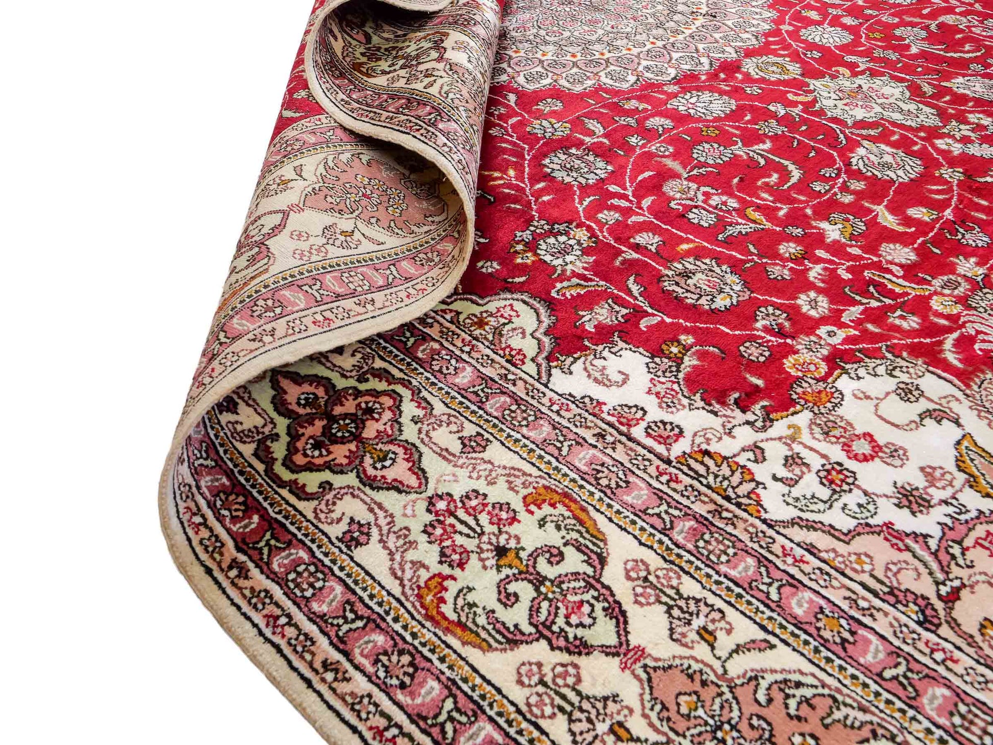 Feiner, handgeknüpfter China Nain Orientteppich aus Kunstseide, rot, creme, weiß. 278x183 cm. Verkauf durch Jupiter Intl.