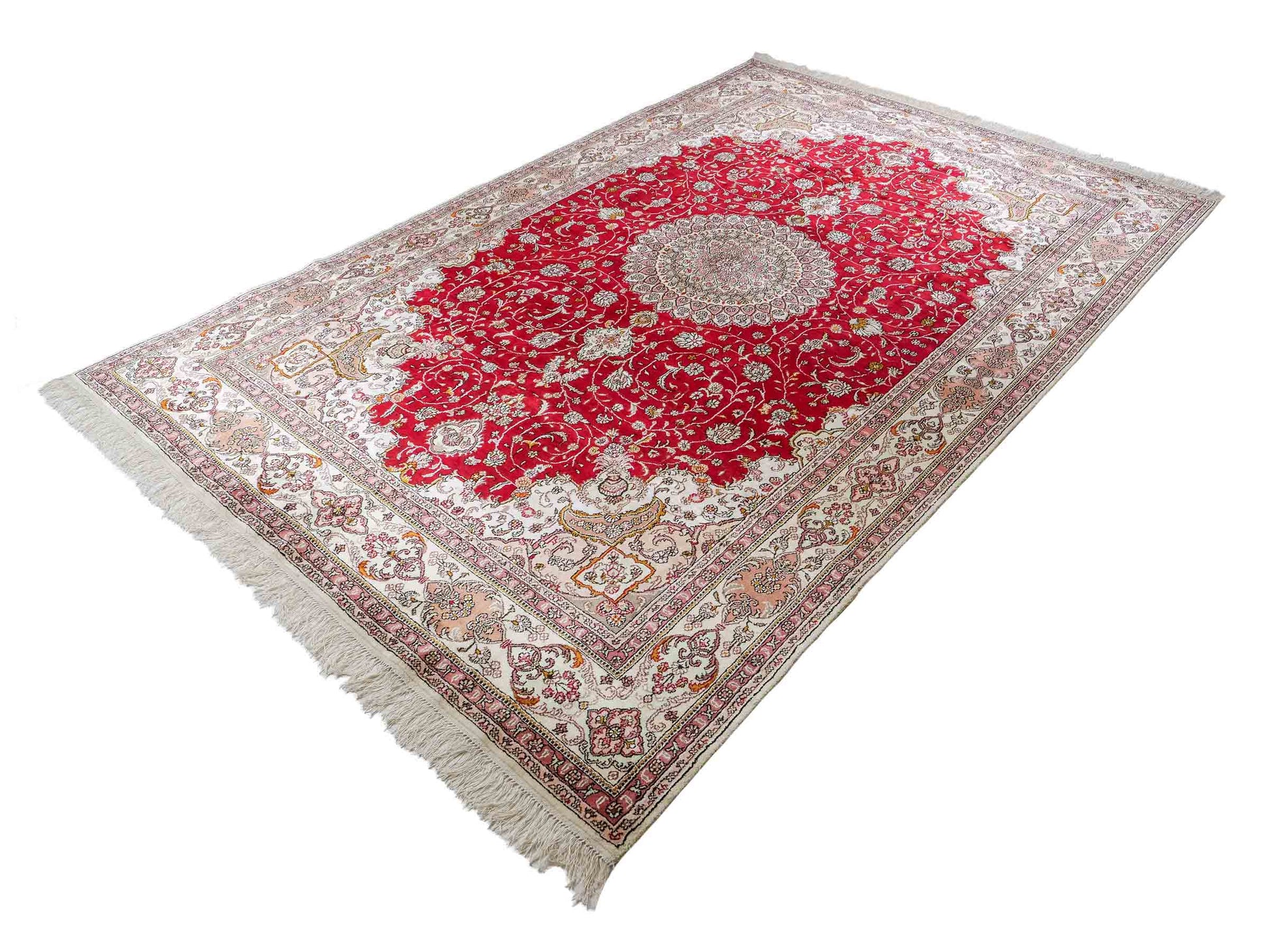 Feiner, handgeknüpfter China Nain Orientteppich aus Kunstseide, rot, creme, weiß. 278x183 cm. Verkauf durch Jupiter Intl.
