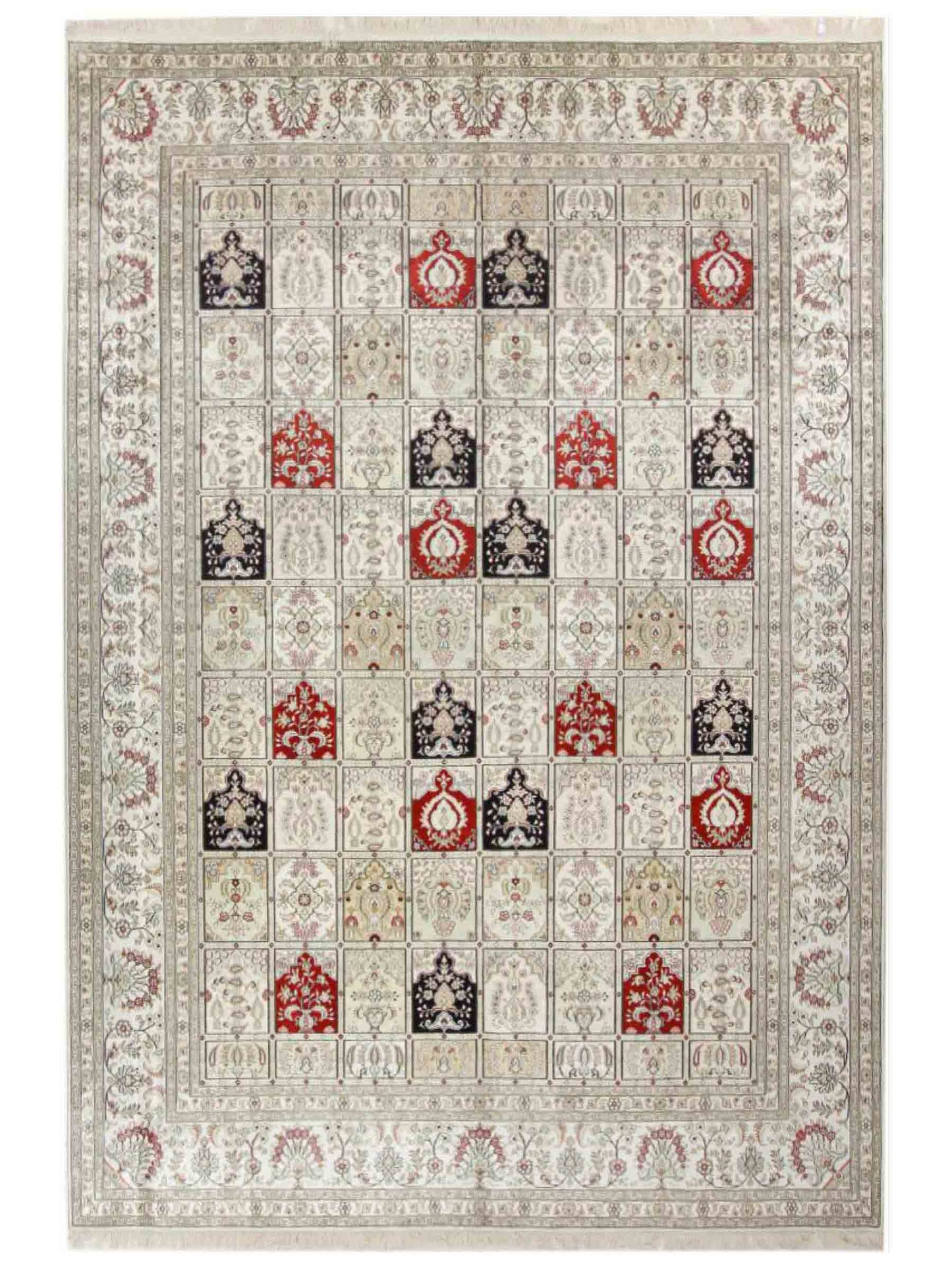 Feiner, handgeknüpfter, chinesischer Orientteppich mit Hereke Design aus Viskose, creme, weiß, rot, blau. 365x280 cm. Verkauf durch Jupiter Intl.