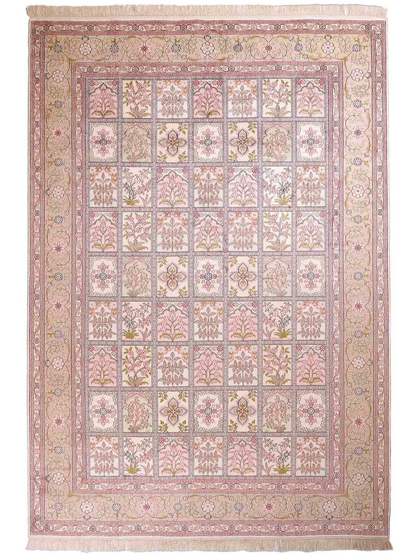 Sehr feiner, handgeknüpfter, chinesischer Orientteppich mit Hereke Design aus Viskose, creme, weiß, multicolor. 263x183 cm. Verkauf durch Jupiter Intl.