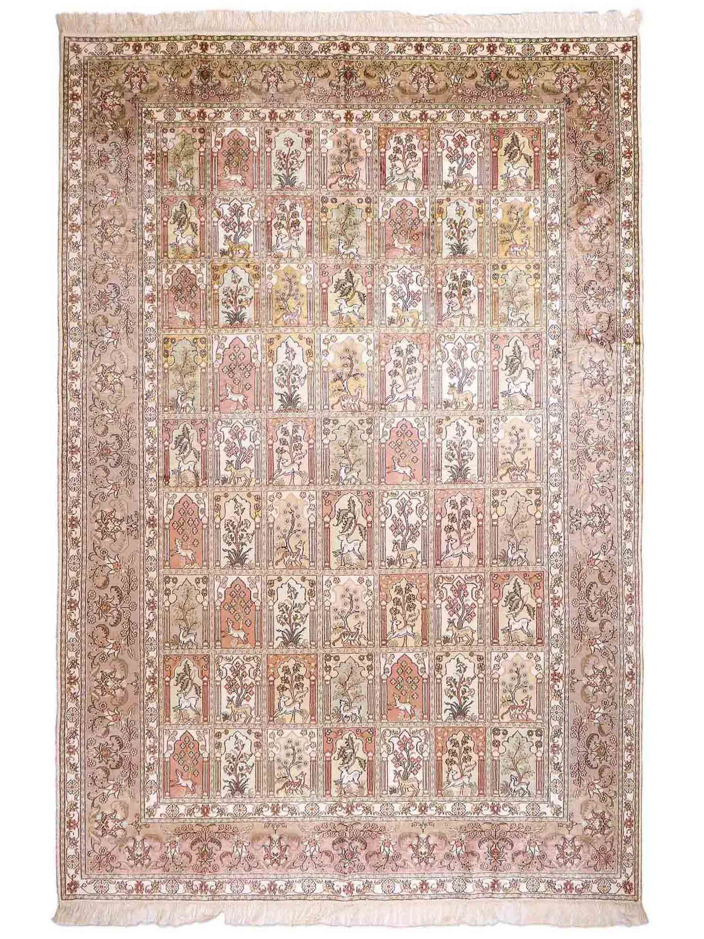 Sehr feiner, handgeknüpfter, chinesischer Orientteppich mit Hereke Design aus Viskose, creme, weiß, multicolor. 263x187 cm. Verkauf durch Jupiter Intl.