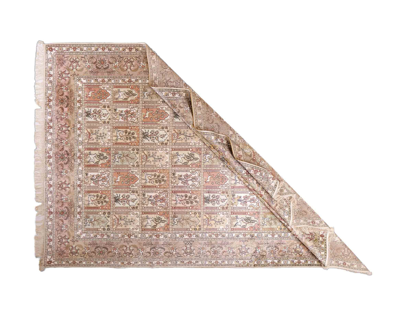Sehr feiner, handgeknüpfter, chinesischer Orientteppich mit Hereke Design aus Viskose, creme, weiß, multicolor. 263x187 cm. Verkauf durch Jupiter Intl.
