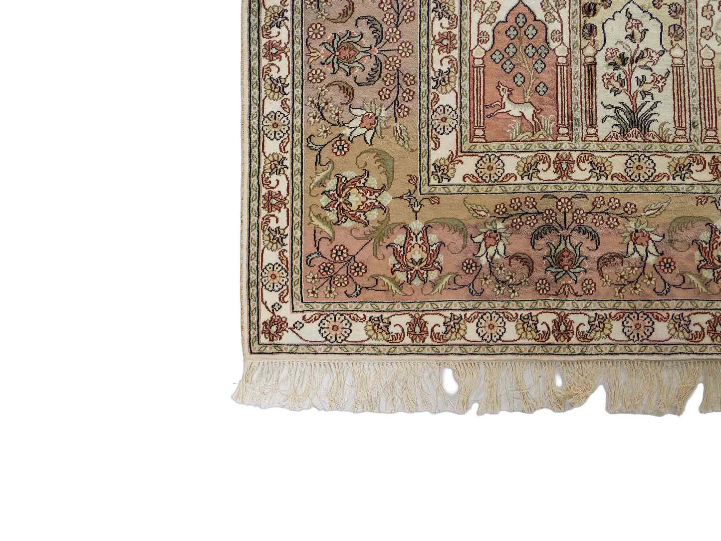 Sehr feiner, handgeknüpfter, chinesischer Orientteppich mit Hereke Design aus Viskose, creme, weiß, multicolor. 263x187 cm. Verkauf durch Jupiter Intl.