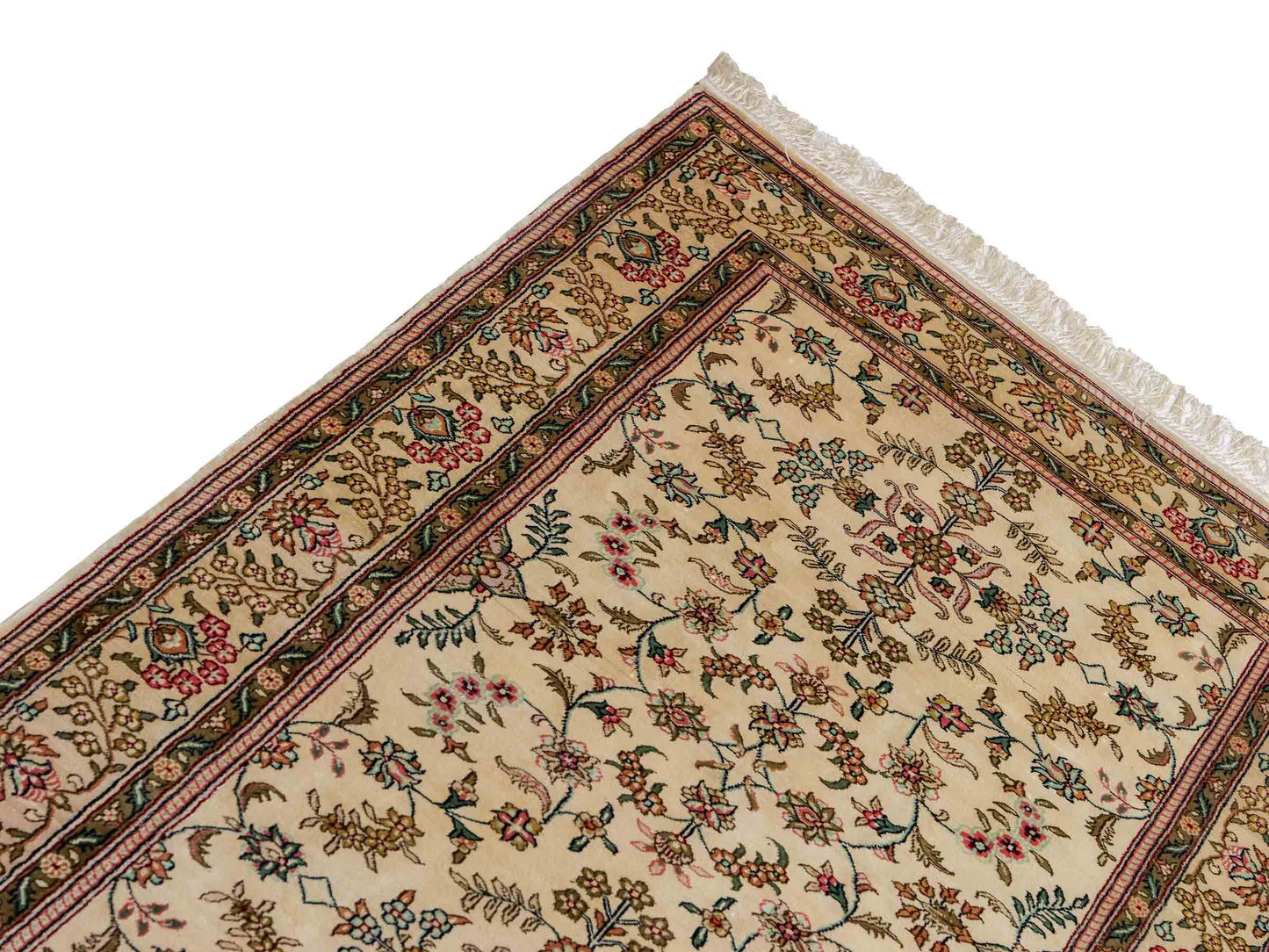 Sehr feiner, handgeknüpfter, chinesischer Orientteppich Läufer mit Hereke Design aus Viskose, creme, weiß. 303x79 cm. Verkauf durch Jupiter Intl.