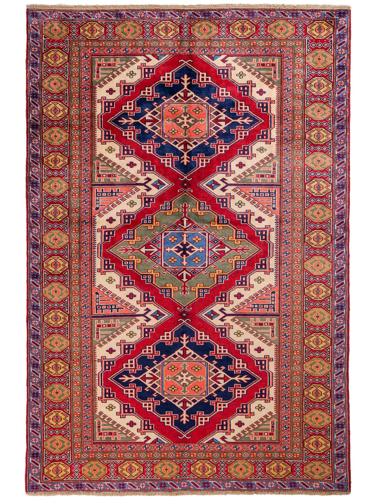 Handgeknüpfter, afghanischer Super Kazak Orientteppich aus Wolle von Khademi. Größe: 177 x 126 cm. Farbe: Rot, gelb, blau, cremeweiß. Verkauf durch JUPITER Intl.