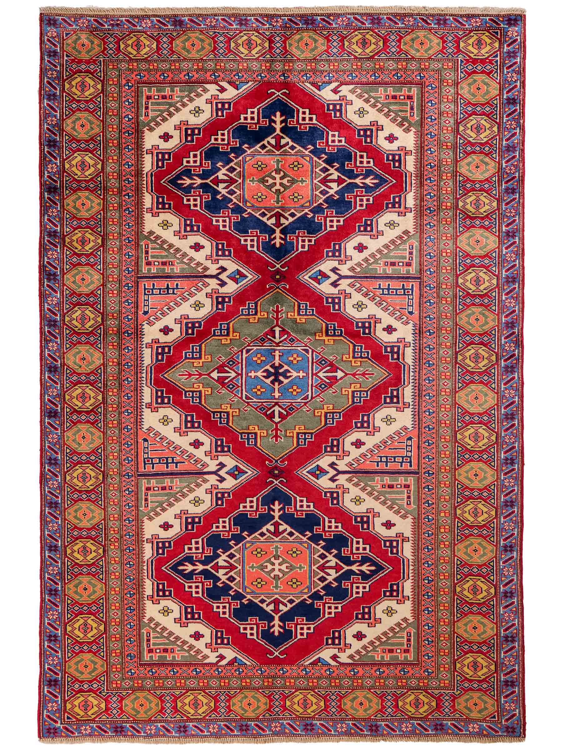 Handgeknüpfter, afghanischer Super Kazak Orientteppich aus Wolle von Khademi. Größe: 177 x 126 cm. Farbe: Rot, gelb, blau, cremeweiß. Verkauf durch JUPITER Intl.