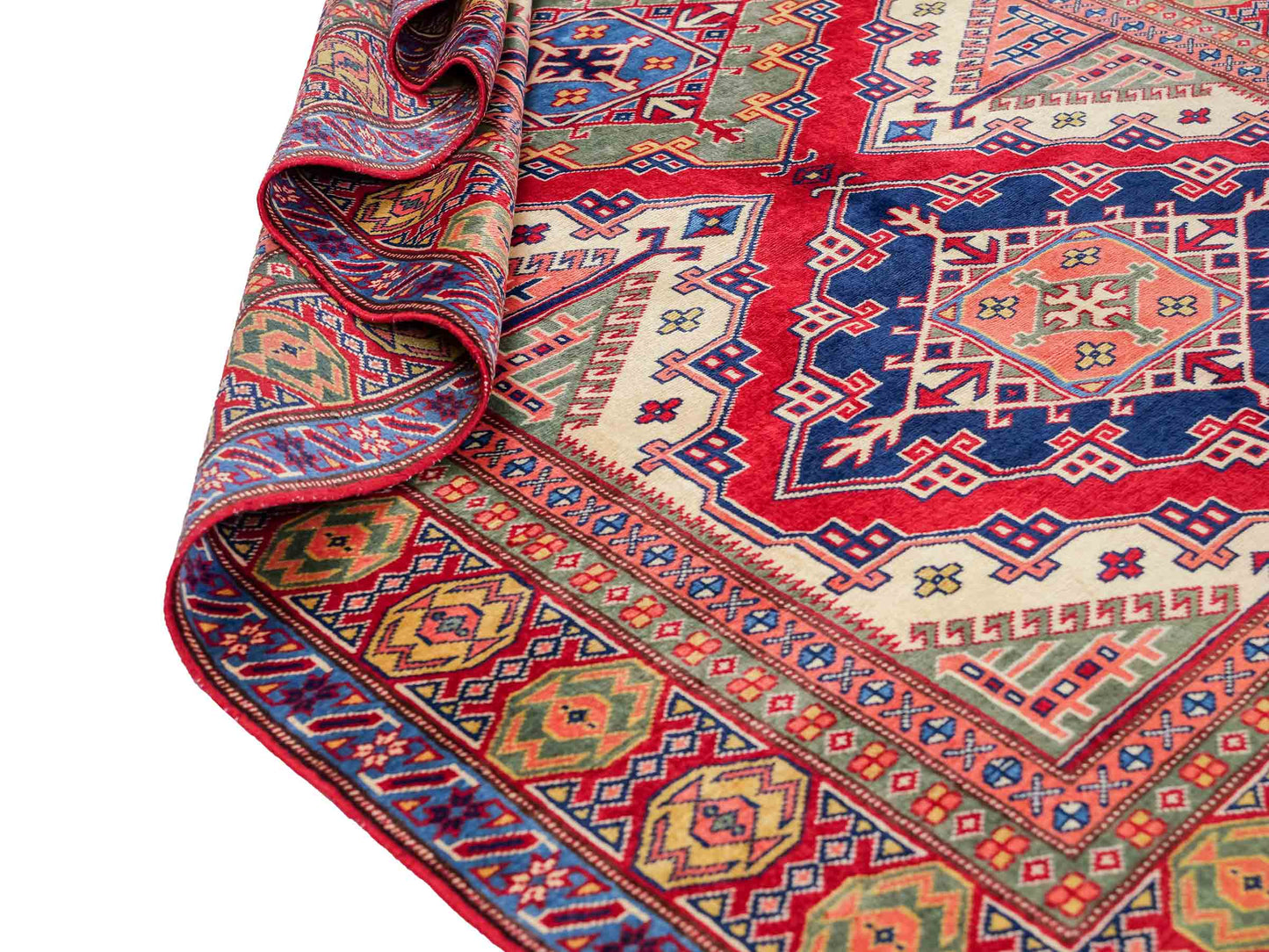 Handgeknüpfter, afghanischer Super Kazak Orientteppich aus Wolle von Khademi. Größe: 177 x 126 cm. Farbe: Rot, gelb, blau, cremeweiß. Verkauf durch JUPITER Intl.