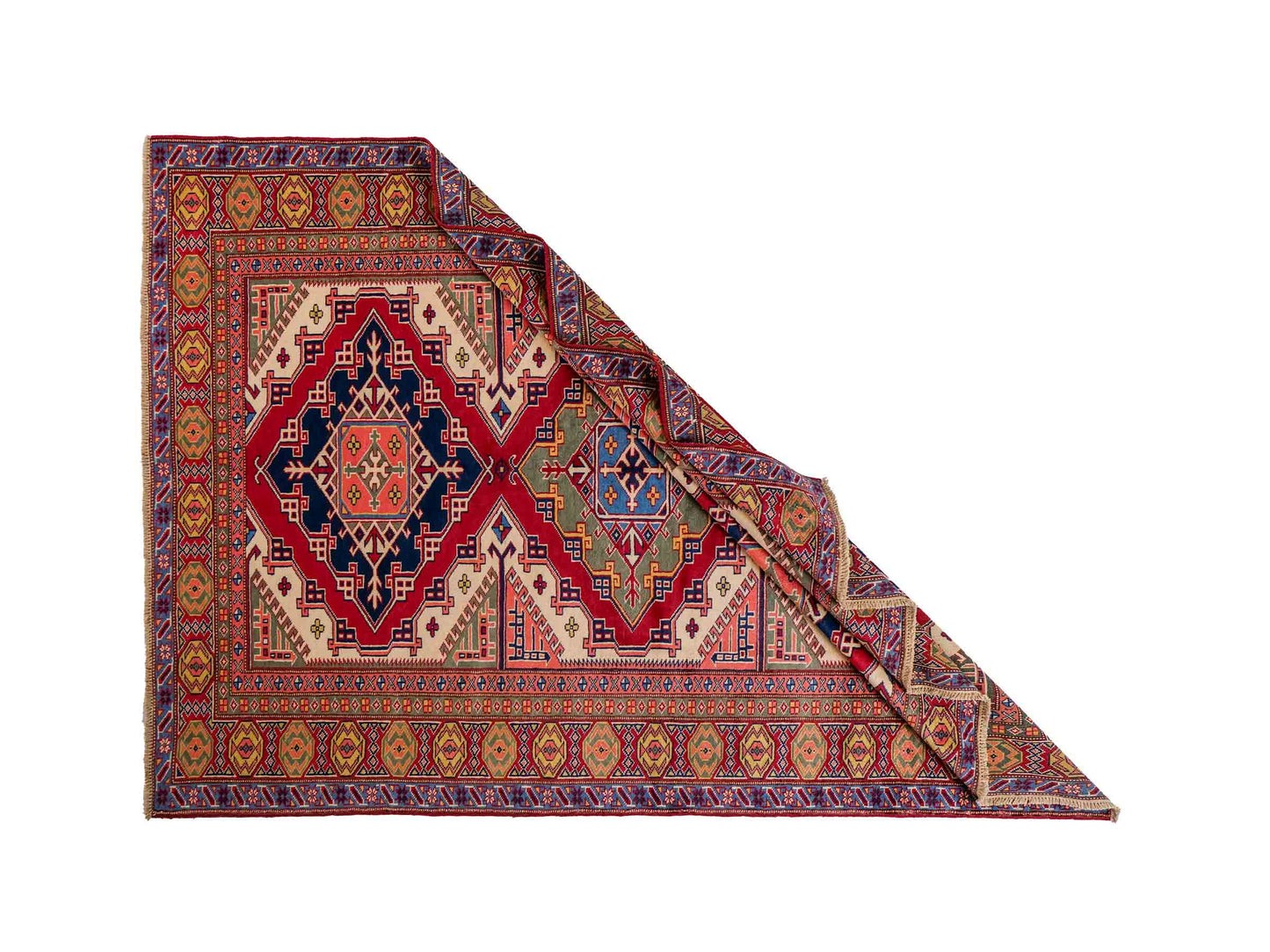 Handgeknüpfter, afghanischer Super Kazak Orientteppich aus Wolle von Khademi. Größe: 177 x 126 cm. Farbe: Rot, gelb, blau, cremeweiß. Verkauf durch JUPITER Intl.
