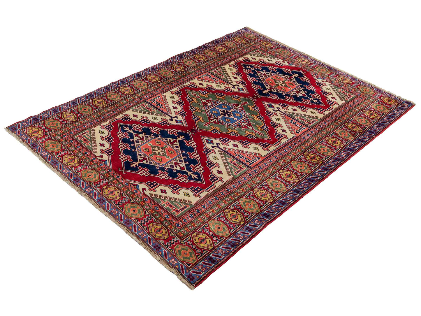 Handgeknüpfter, afghanischer Super Kazak Orientteppich aus Wolle von Khademi. Größe: 177 x 126 cm. Farbe: Rot, gelb, blau, cremeweiß. Verkauf durch JUPITER Intl.