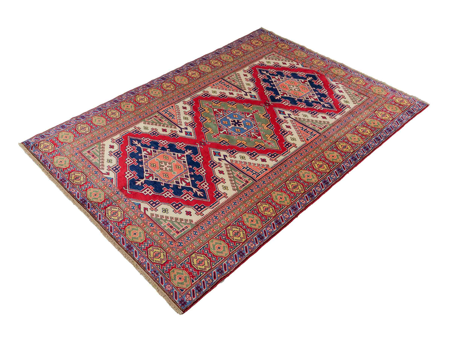 Handgeknüpfter, afghanischer Super Kazak Orientteppich aus Wolle von Khademi. Größe: 177 x 126 cm. Farbe: Rot, gelb, blau, cremeweiß. Verkauf durch JUPITER Intl.