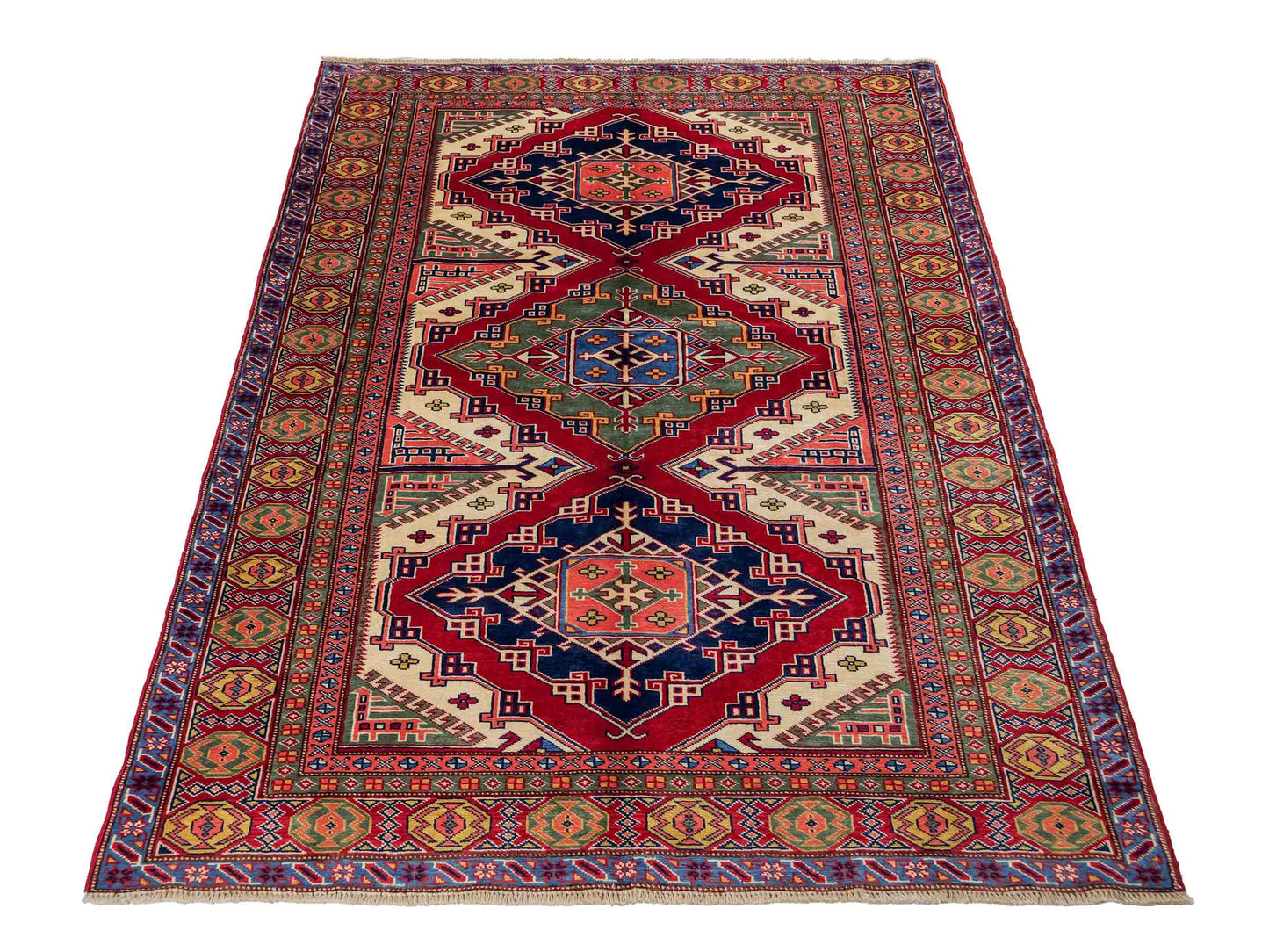 Handgeknüpfter, afghanischer Super Kazak Orientteppich aus Wolle von Khademi. Größe: 177 x 126 cm. Farbe: Rot, gelb, blau, cremeweiß. Verkauf durch JUPITER Intl.
