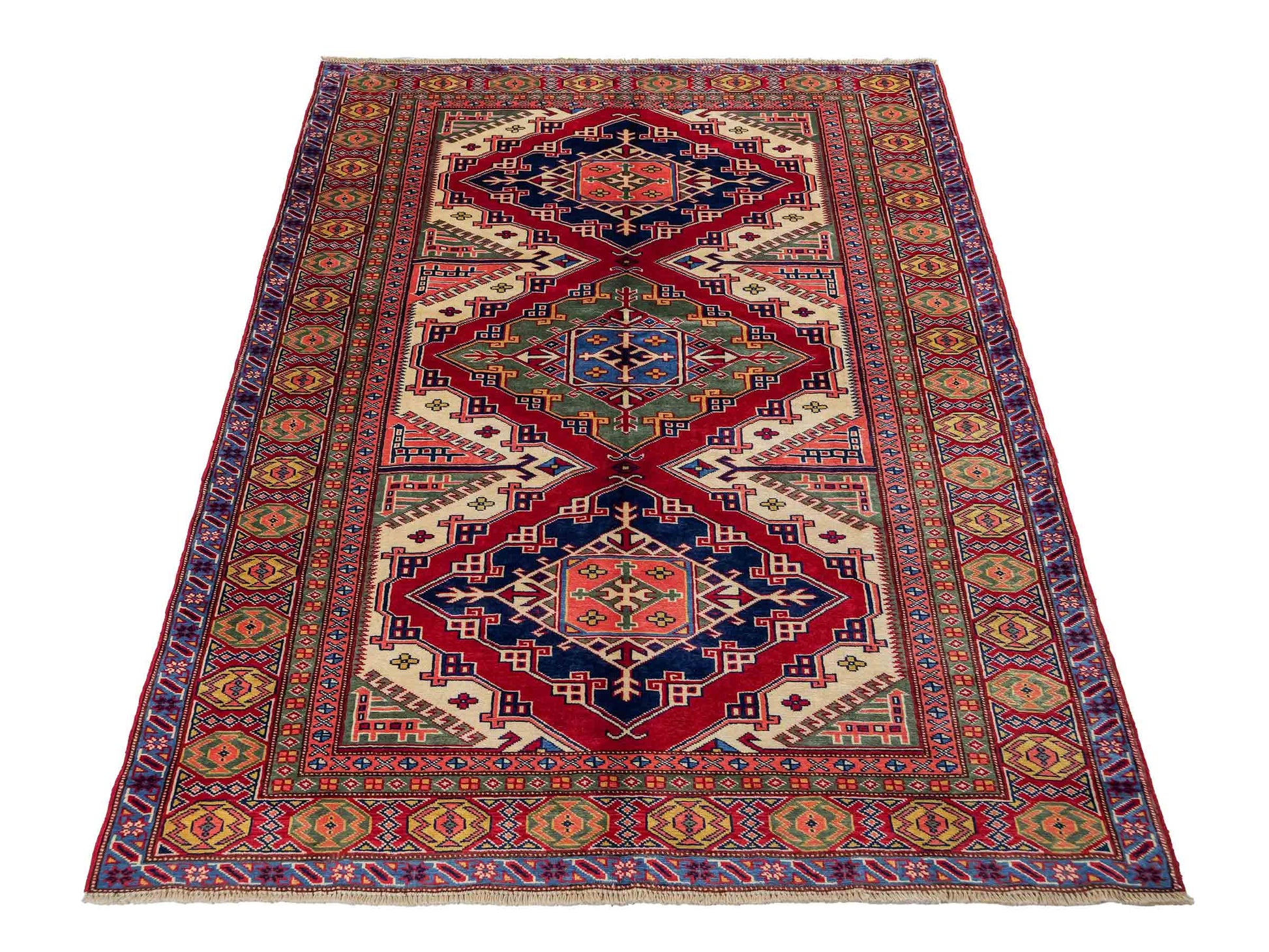 Handgeknüpfter, afghanischer Super Kazak Orientteppich aus Wolle von Khademi. Größe: 177 x 126 cm. Farbe: Rot, gelb, blau, cremeweiß. Verkauf durch JUPITER Intl.