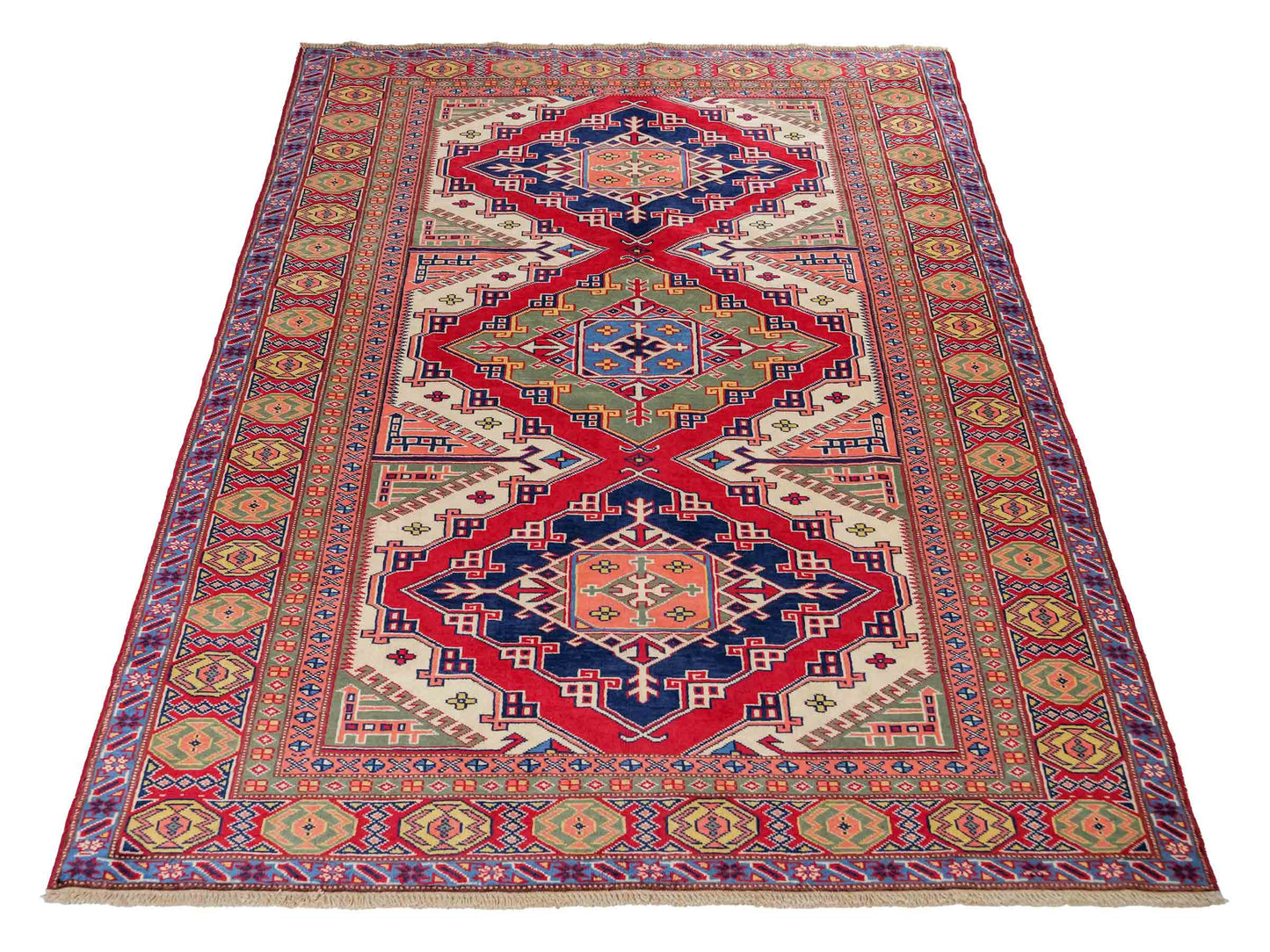 Handgeknüpfter, afghanischer Super Kazak Orientteppich aus Wolle von Khademi. Größe: 177 x 126 cm. Farbe: Rot, gelb, blau, cremeweiß. Verkauf durch JUPITER Intl.