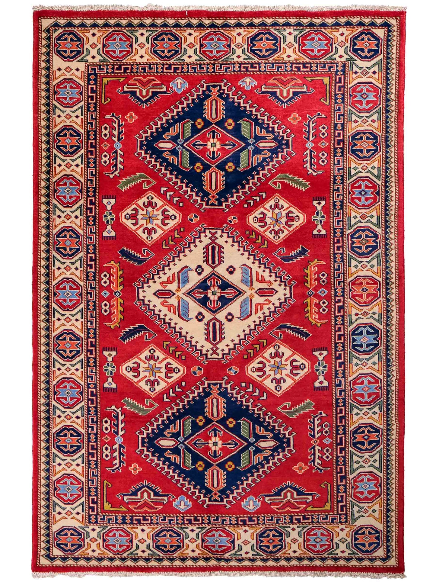 Handgeknüpfter, afghanischer Super Kazak Orientteppich aus Wolle von Khademi. Größe: 178 x 125 cm. Farbe: Rot, cremeweiß. Verkauf durch JUPITER Intl.