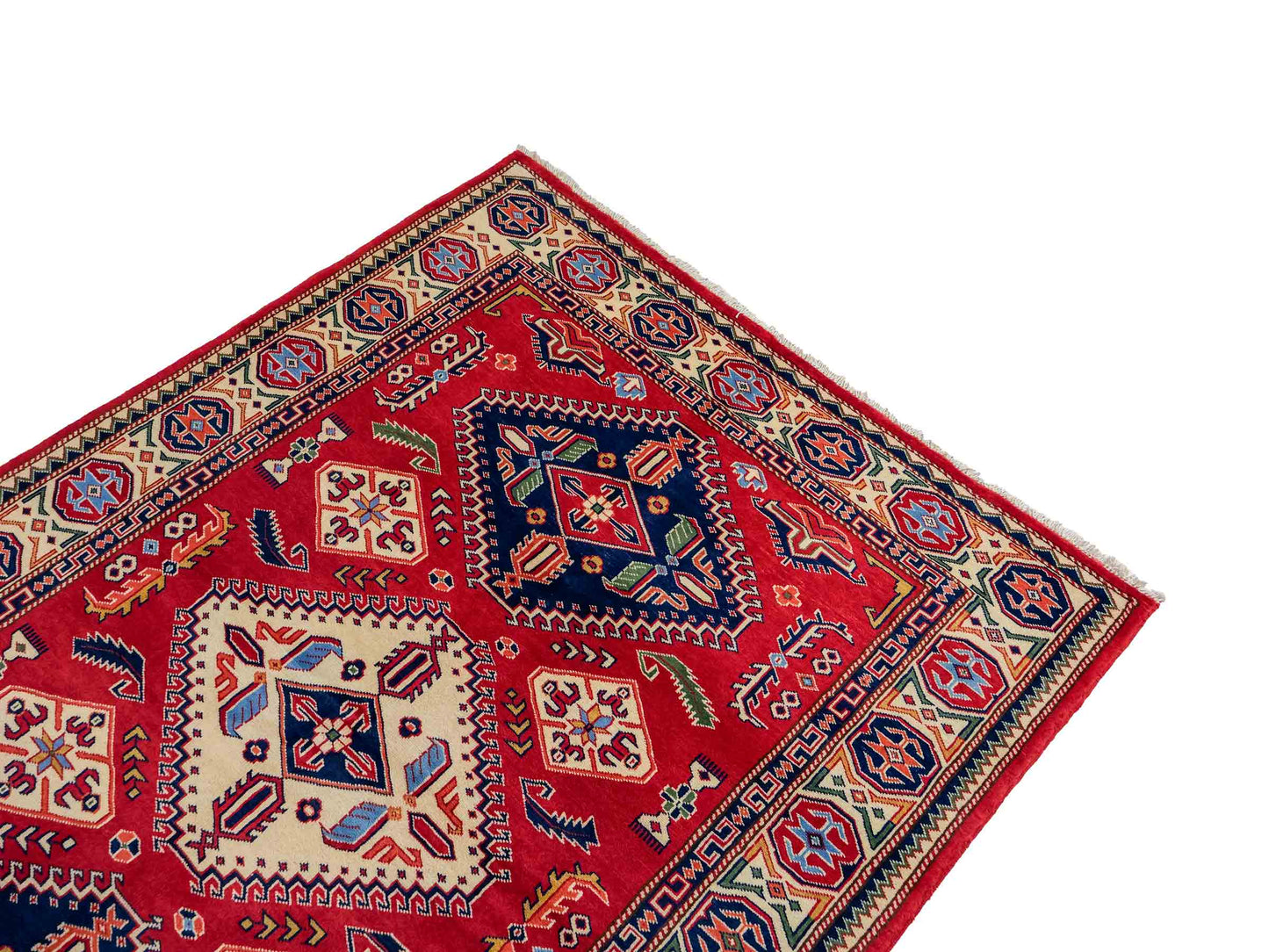 Handgeknüpfter, afghanischer Super Kazak Orientteppich aus Wolle von Khademi. Größe: 178 x 125 cm. Farbe: Rot, cremeweiß. Verkauf durch JUPITER Intl.