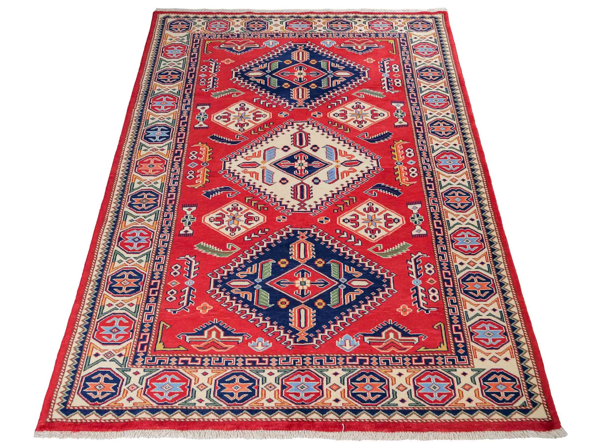 Handgeknüpfter, afghanischer Super Kazak Orientteppich aus Wolle von Khademi. Größe: 178 x 125 cm. Farbe: Rot, cremeweiß. Verkauf durch JUPITER Intl.