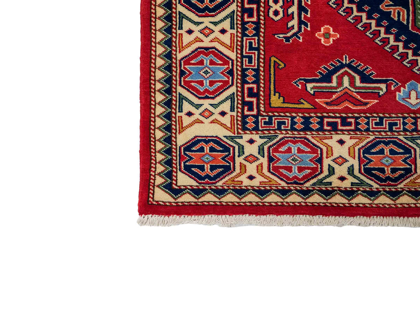 Handgeknüpfter, afghanischer Super Kazak Orientteppich aus Wolle von Khademi. Größe: 178 x 125 cm. Farbe: Rot, cremeweiß. Verkauf durch JUPITER Intl.