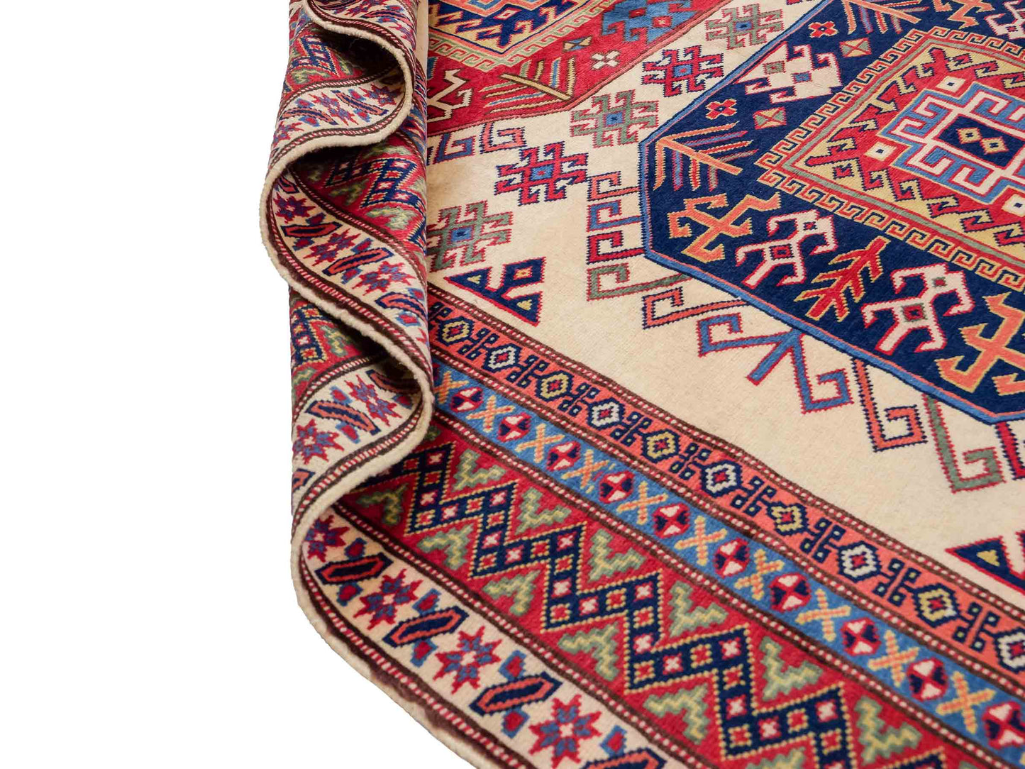 Handgeknüpfter, afghanischer Super Kazak Orientteppich aus Wolle von Khademi. Größe: 182 x 125 cm. Farbe: Cremeweiß, rot, blau, cremeweiß. Verkauf durch JUPITER Intl.