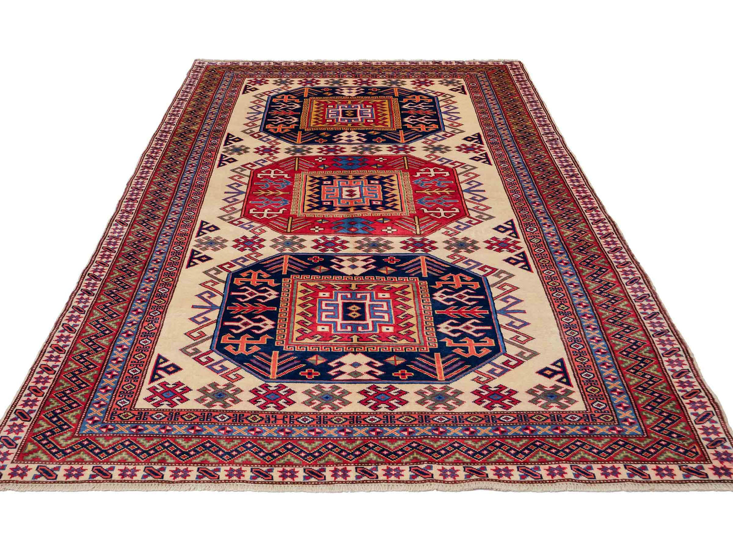 Handgeknüpfter, afghanischer Super Kazak Orientteppich aus Wolle von Khademi. Größe: 182 x 125 cm. Farbe: Cremeweiß, rot, blau, cremeweiß. Verkauf durch JUPITER Intl.