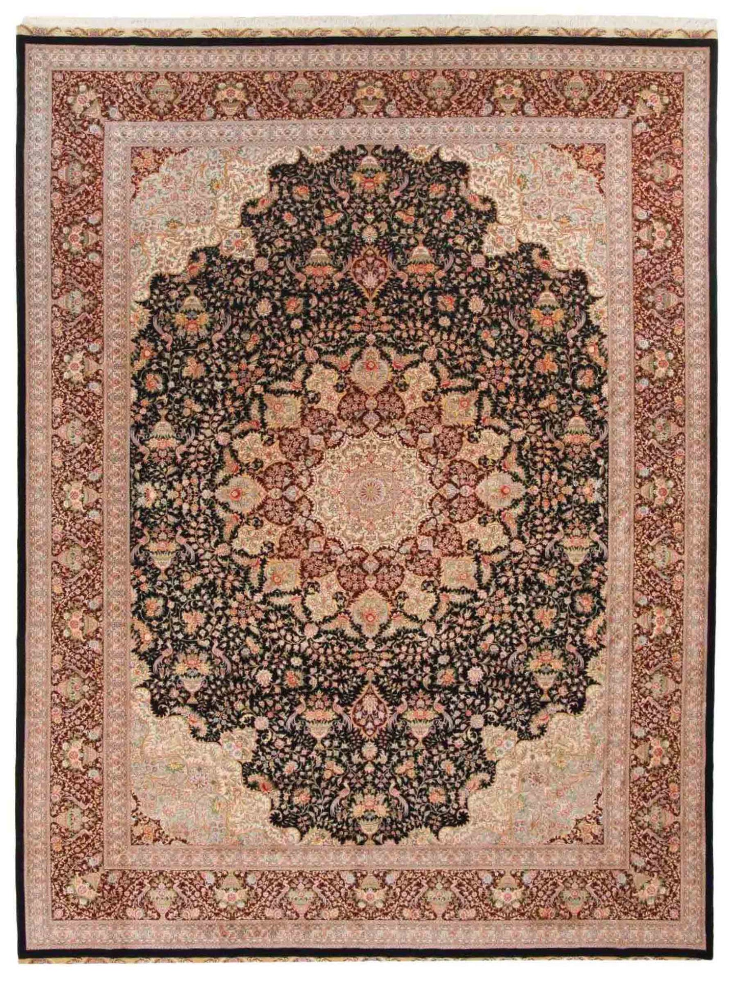 Sehr feiner, handgeknüpfter Khademi Orientteppich mit Täbriz Design aus Wolle mit Seide, blau, rot. 430x307 cm. Vertrieb durch Jupiter Intl.