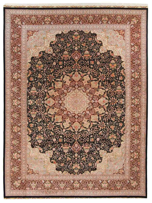Sehr feiner, handgeknüpfter Khademi Orientteppich mit Täbriz Design aus Wolle mit Seide, blau, rot. 430x307 cm. Vertrieb durch Jupiter Intl.