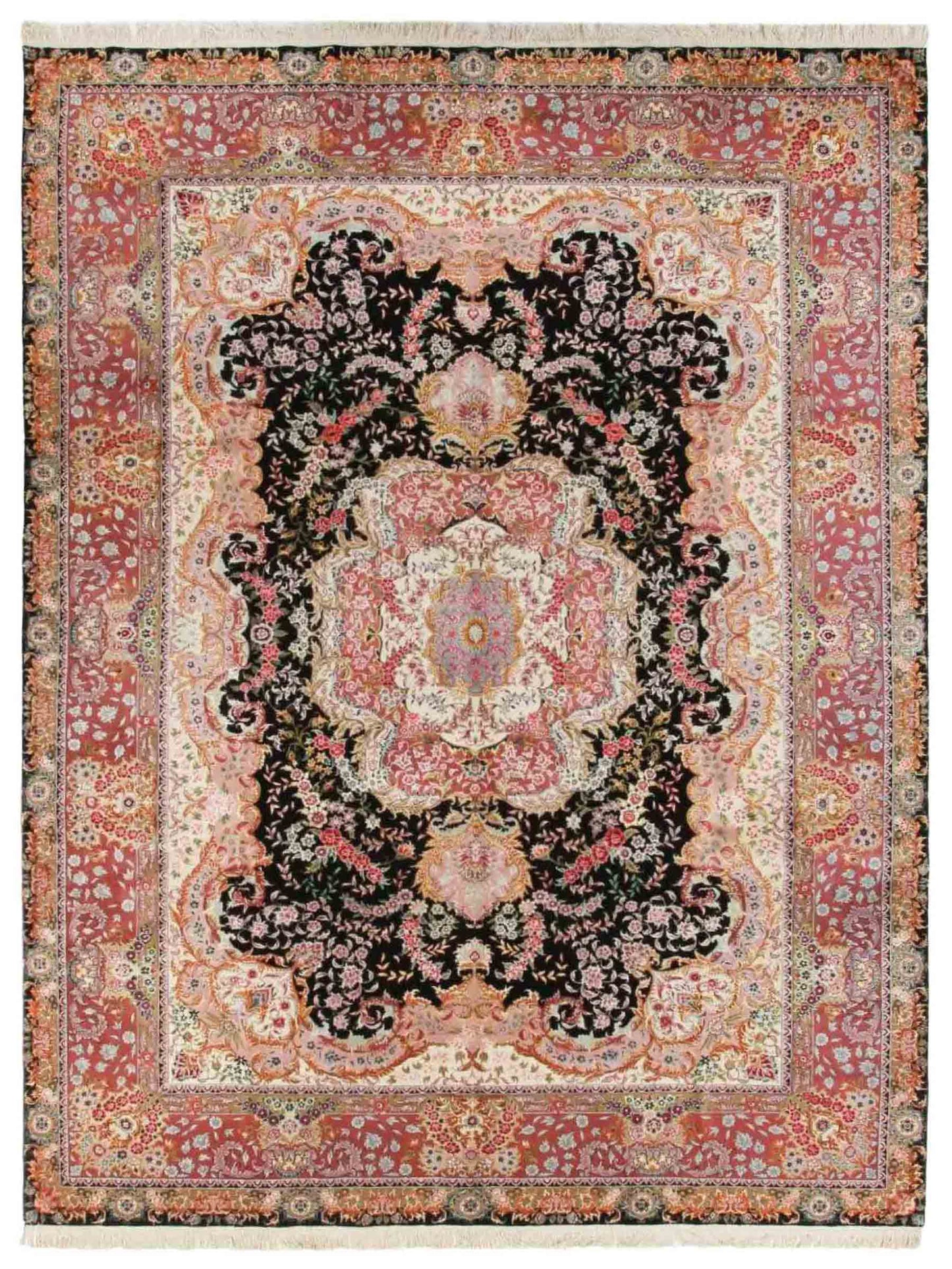 Sehr feiner, handgeknüpfter Khademi Orientteppich mit Täbriz Design aus Wolle mit Seide, schwarz, rosa. 429x312 cm. Vertrieb durch Jupiter Intl.