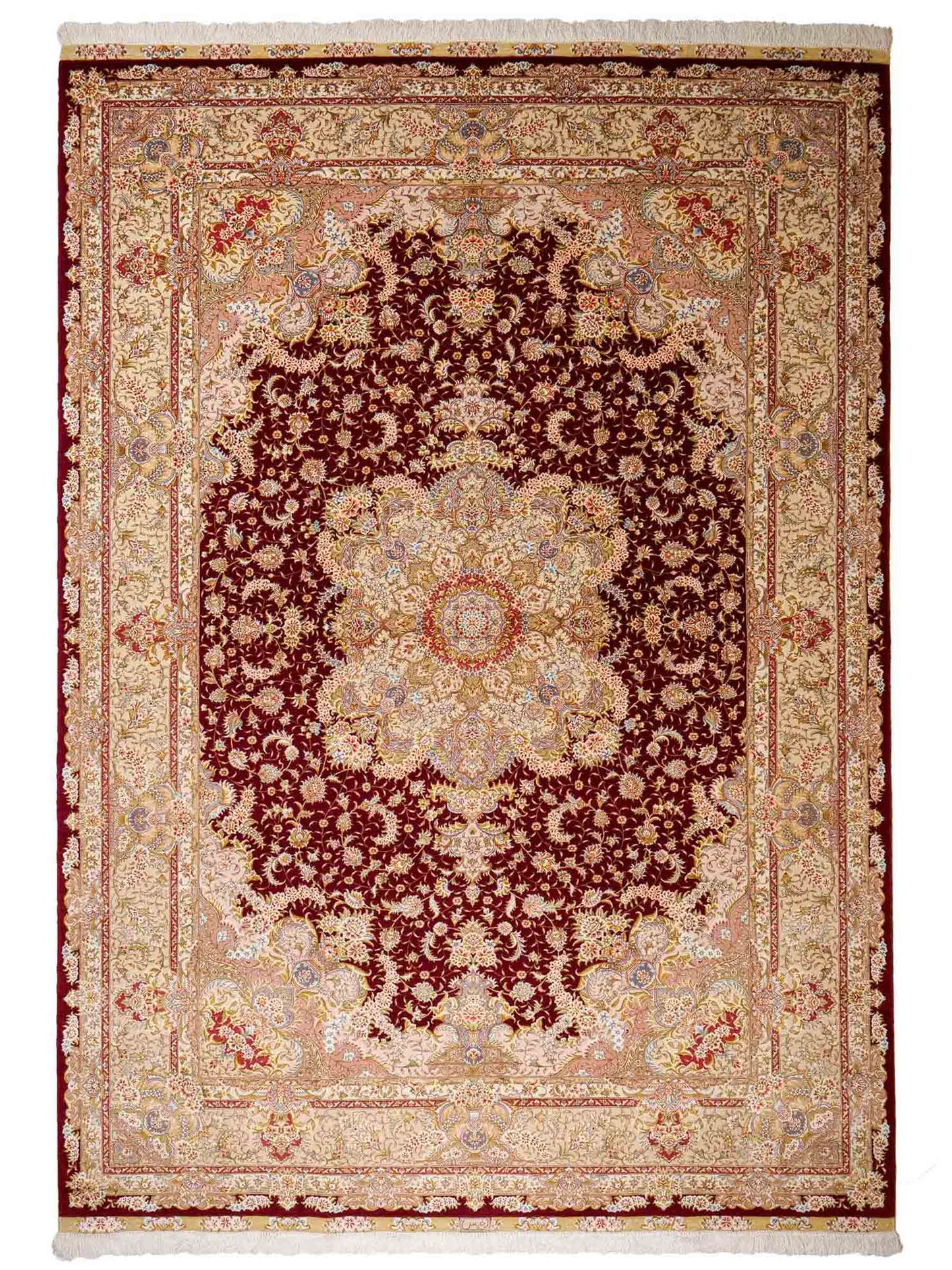 Sehr feiner, handgeknüpfter Khademi Orientteppich mit Täbriz Design aus Wolle mit Seide, creme, gold, rot. 294x207 cm. Vertrieb durch Jupiter Intl.
