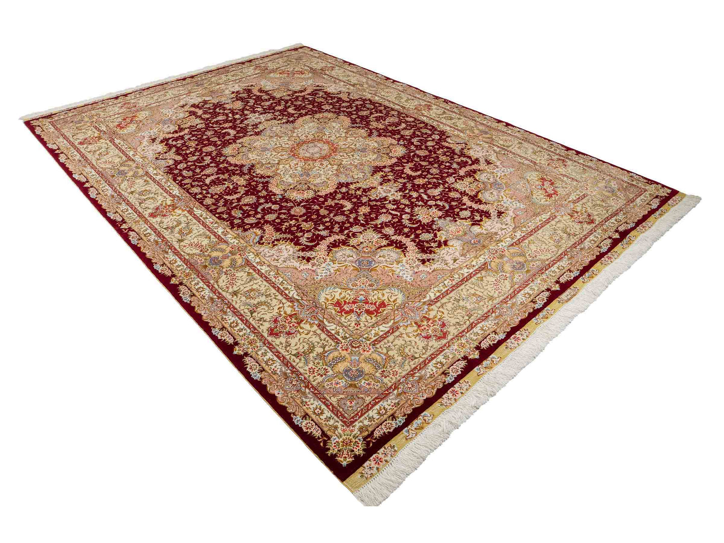 Sehr feiner, handgeknüpfter Khademi Orientteppich mit Täbriz Design aus Wolle mit Seide, creme, gold, rot. 294x207 cm. Vertrieb durch Jupiter Intl.