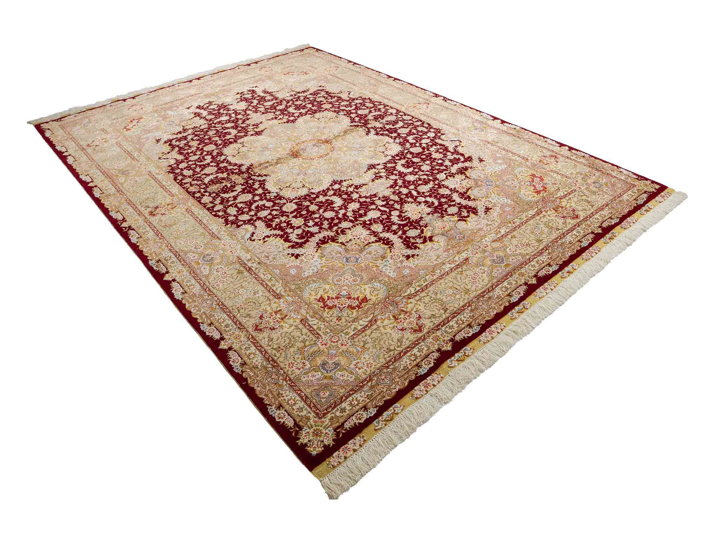 Sehr feiner, handgeknüpfter Khademi Orientteppich mit Täbriz Design aus Wolle mit Seide, creme, gold, rot. 294x207 cm. Vertrieb durch Jupiter Intl.