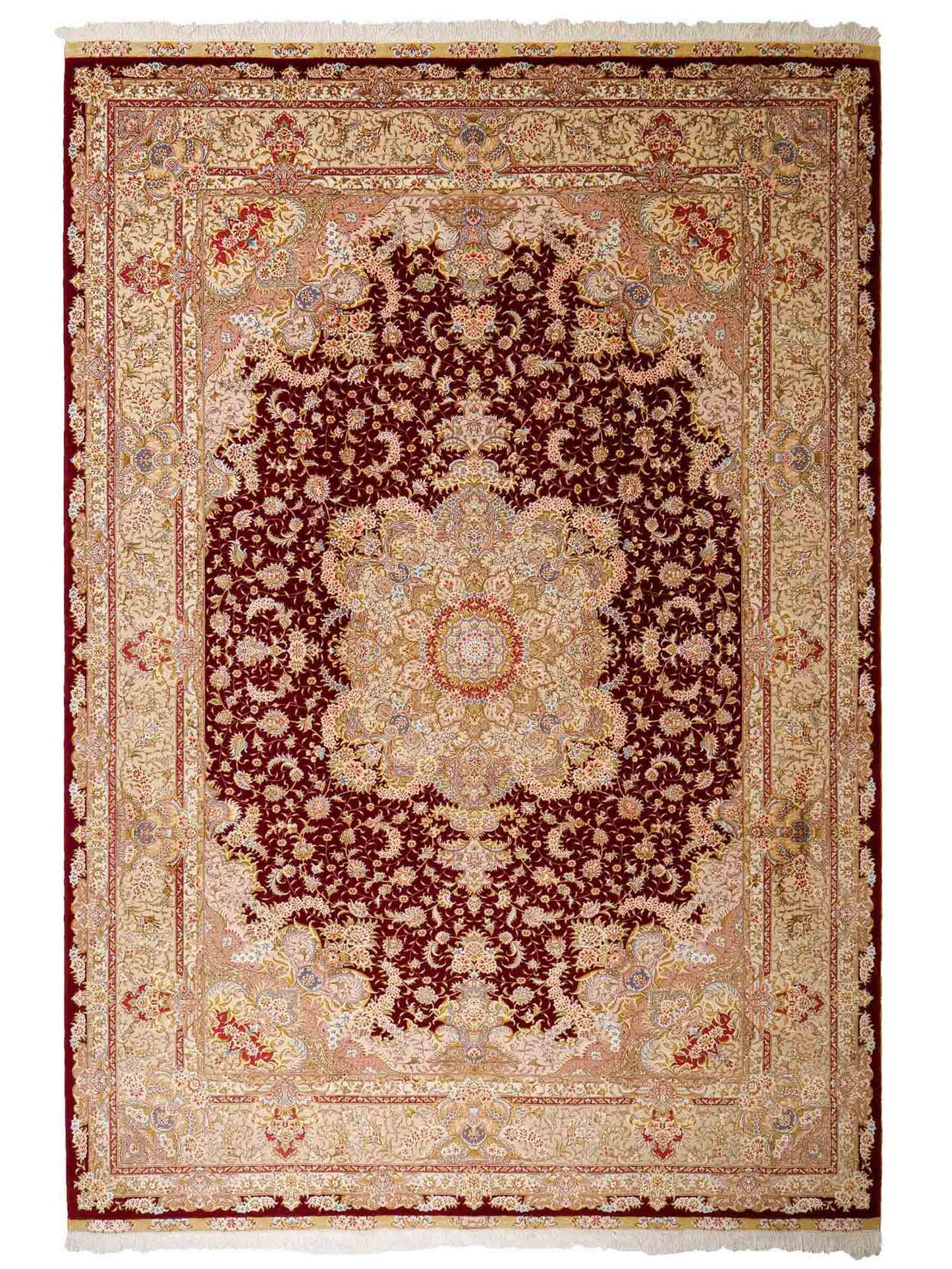 Sehr feiner, handgeknüpfter Khademi Orientteppich mit Täbriz Design aus Wolle mit Seide, creme, gold, rot. 297x207 cm. Vertrieb durch Jupiter Intl.