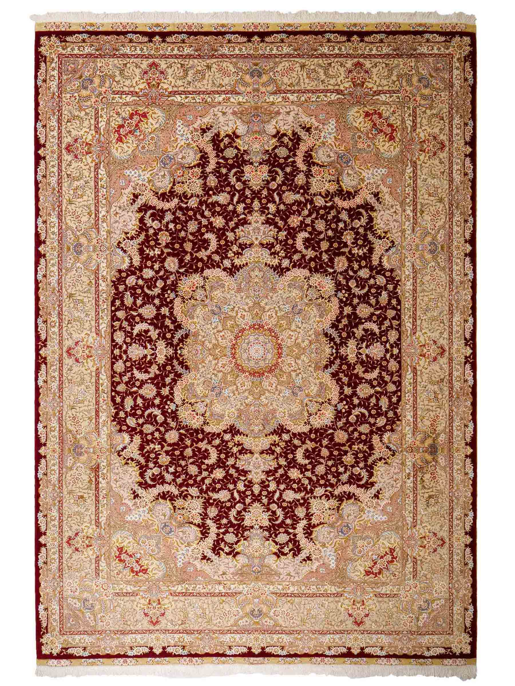 Sehr feiner, handgeknüpfter Khademi Orientteppich mit Täbriz Design aus Wolle mit Seide, creme, gold, rot. 297x207 cm. Vertrieb durch Jupiter Intl.