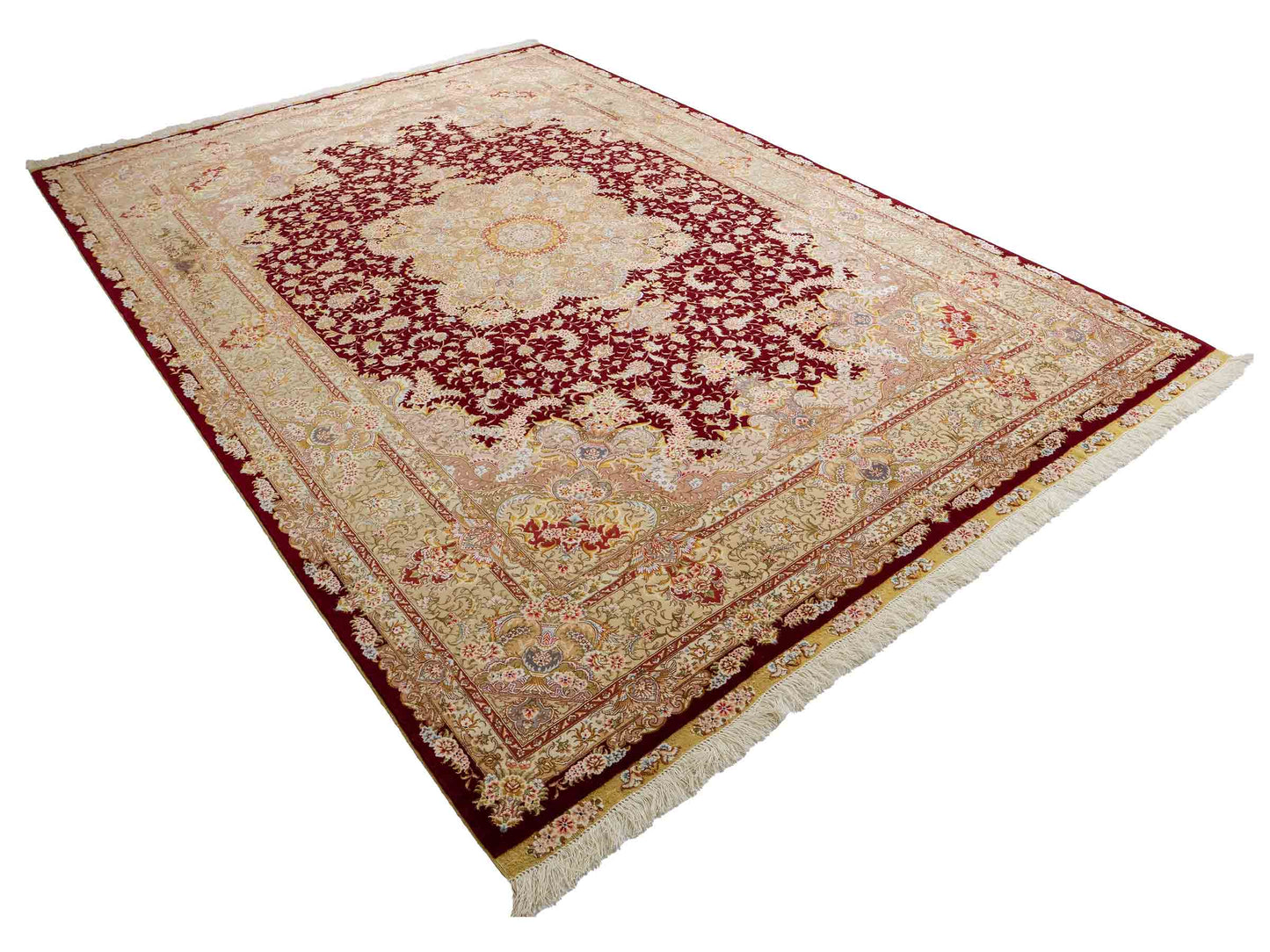 Sehr feiner, handgeknüpfter Khademi Orientteppich mit Täbriz Design aus Wolle mit Seide, creme, gold, rot. 297x207 cm. Vertrieb durch Jupiter Intl.