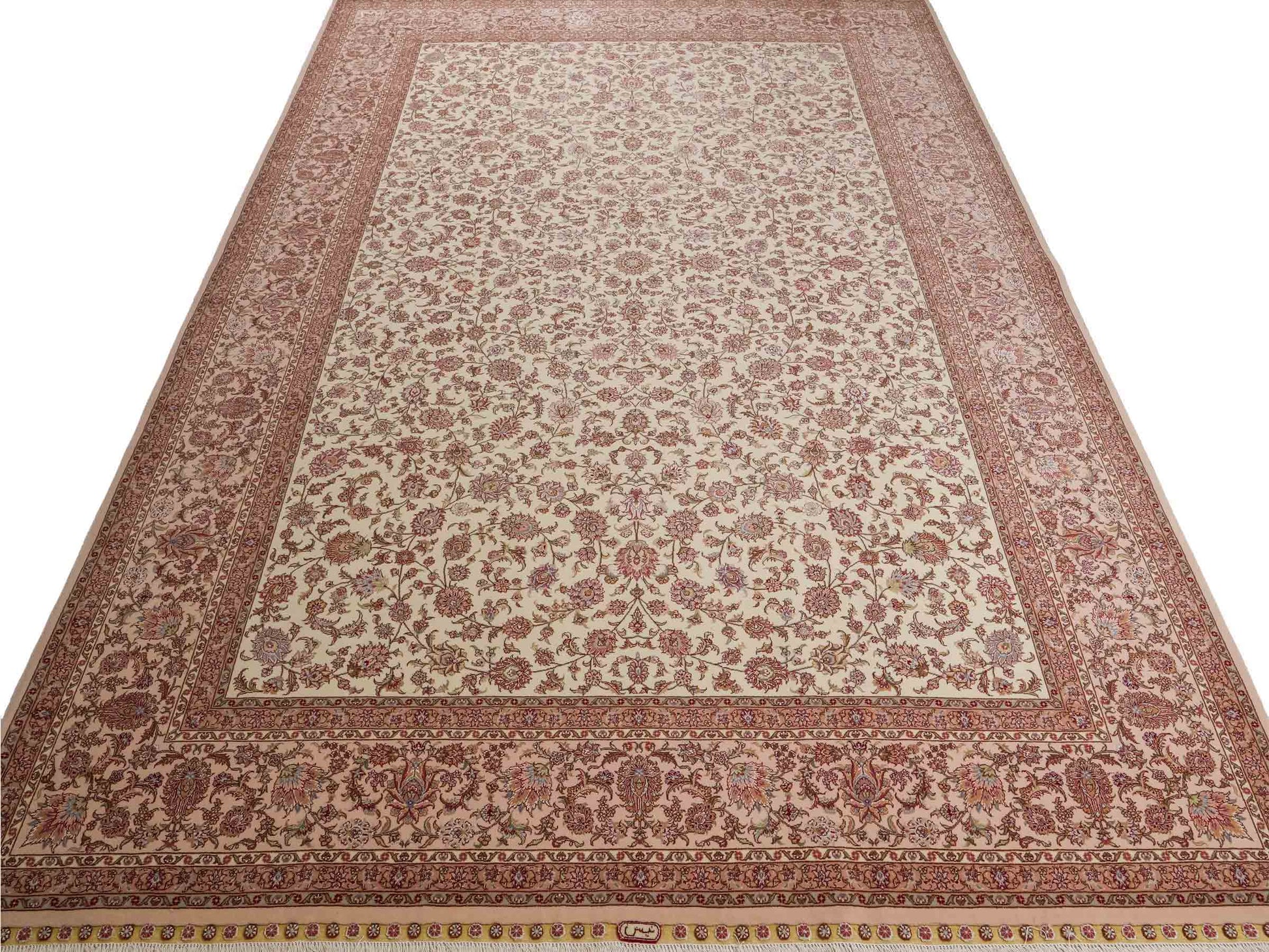 Sehr feiner, handgeknüpfter Khademi Orientteppich mit Täbriz Design aus Wolle mit Seide, creme, weiß, lachs. 304x207 cm. Vertrieb durch Jupiter Intl.