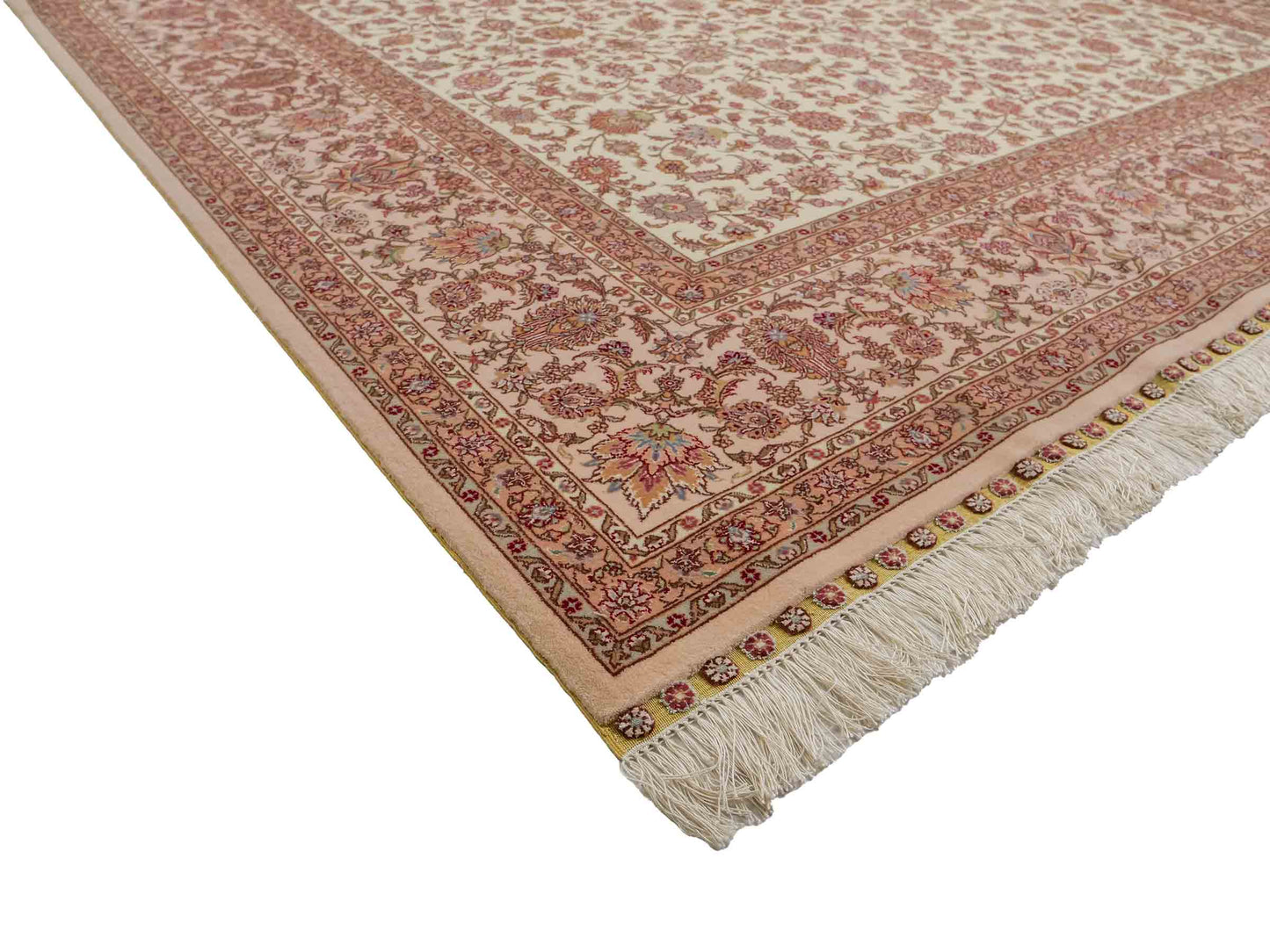 Sehr feiner, handgeknüpfter Khademi Orientteppich mit Täbriz Design aus Wolle mit Seide, creme, weiß, lachs. 304x207 cm. Vertrieb durch Jupiter Intl.