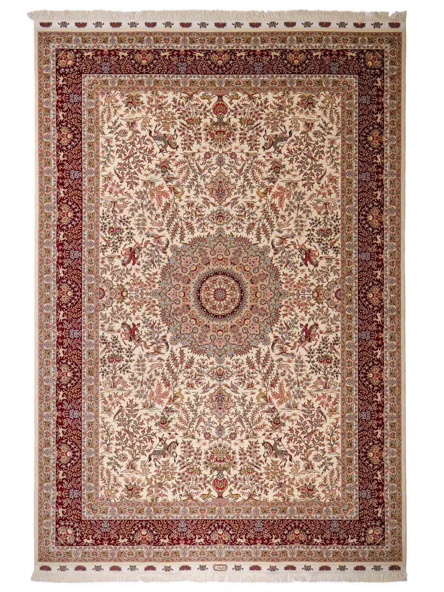 Sehr feiner, handgeknüpfter Khademi Orientteppich mit Täbriz Design aus Wolle mit Seide, creme, weiß, rot. 304x207 cm. Vertrieb durch Jupiter Intl.