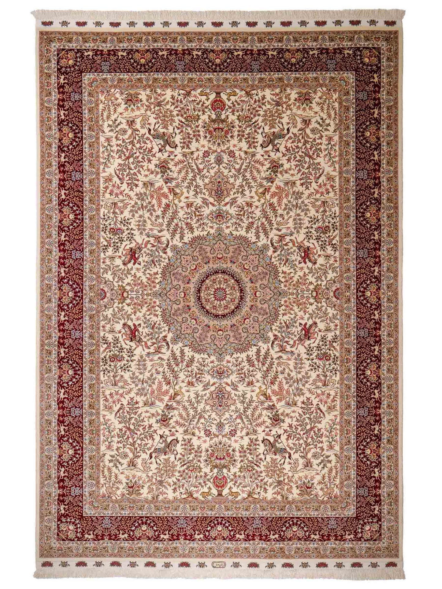 Sehr feiner, handgeknüpfter Khademi Orientteppich mit Täbriz Design aus Wolle mit Seide, creme, weiß, rot. 305x207 cm. Vertrieb druch Jupiter Intl.