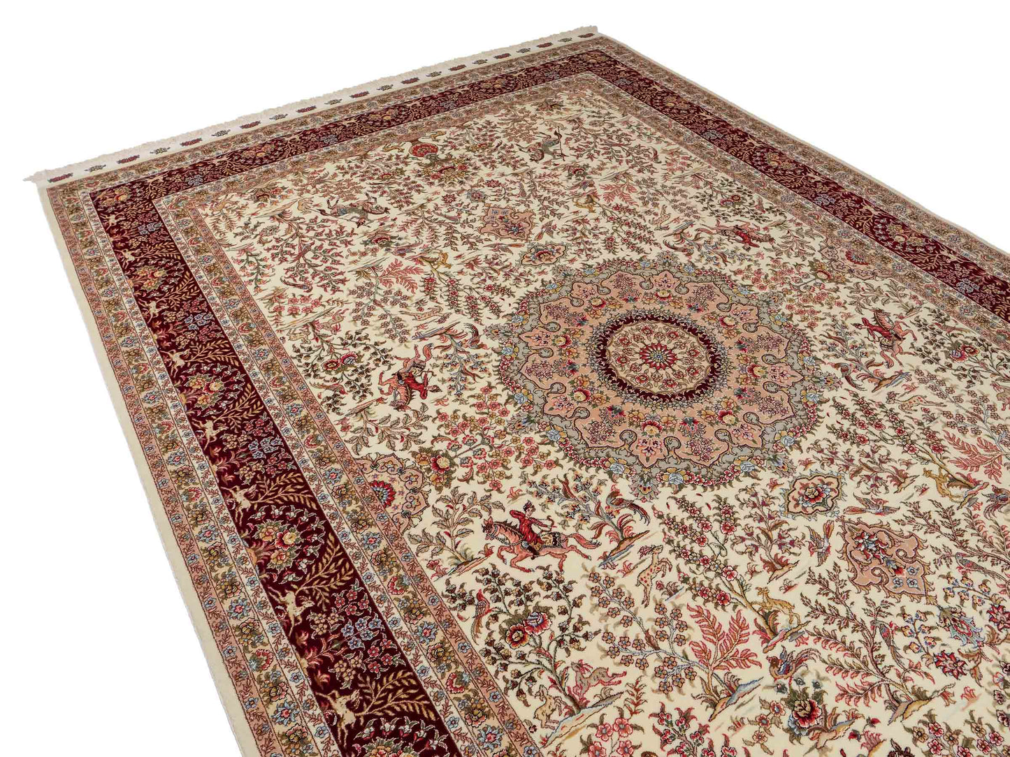 Sehr feiner, handgeknüpfter Khademi Orientteppich mit Täbriz Design aus Wolle mit Seide, creme, weiß, rot. 305x207 cm. Vertrieb druch Jupiter Intl.
