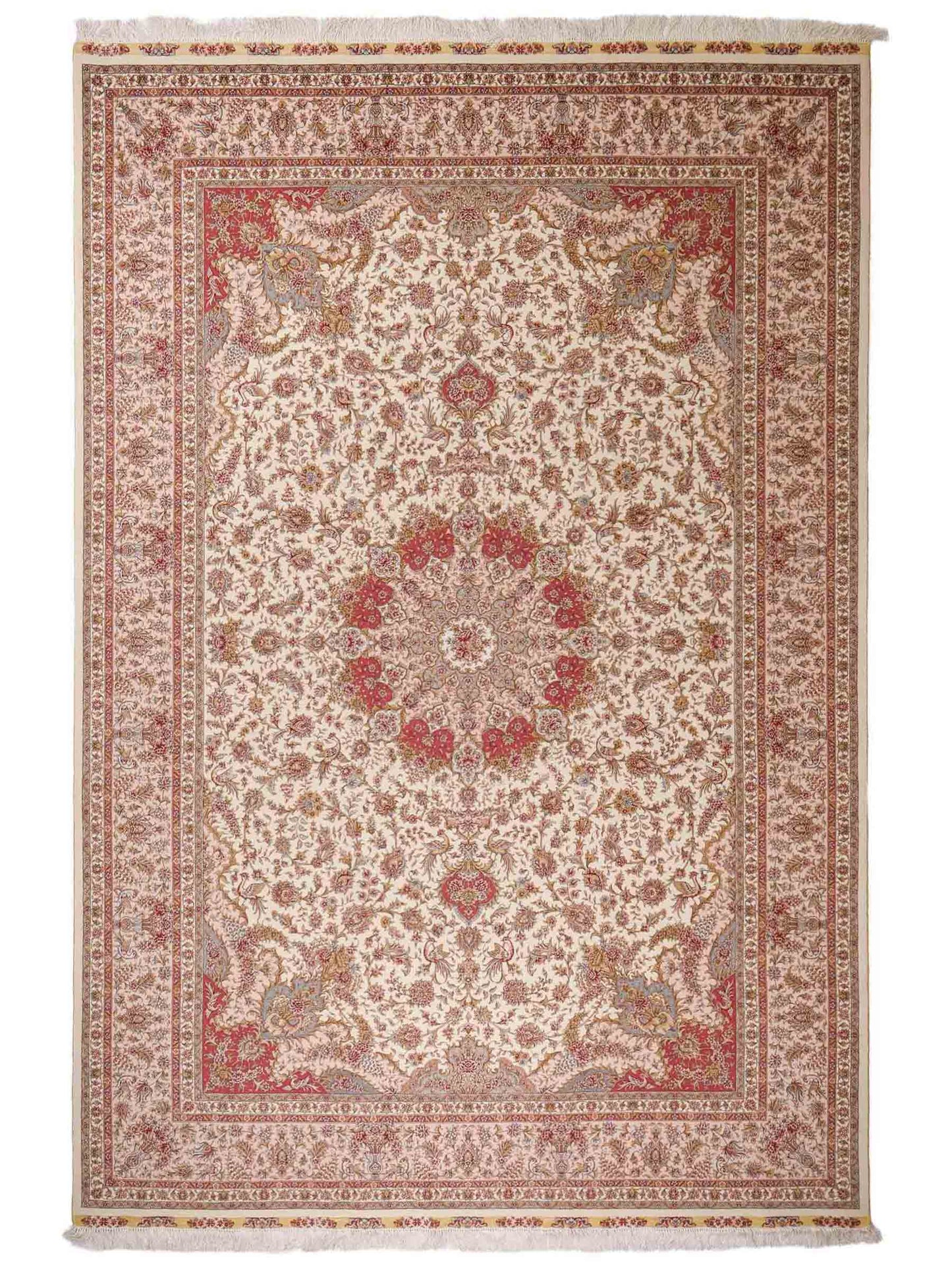 Sehr feiner, handgeknüpfter Khademi Orientteppich mit Täbriz Design aus Wolle mit Seide, creme, rosa. 306x206 cm. Vertrieb durch Jupiter Intl.