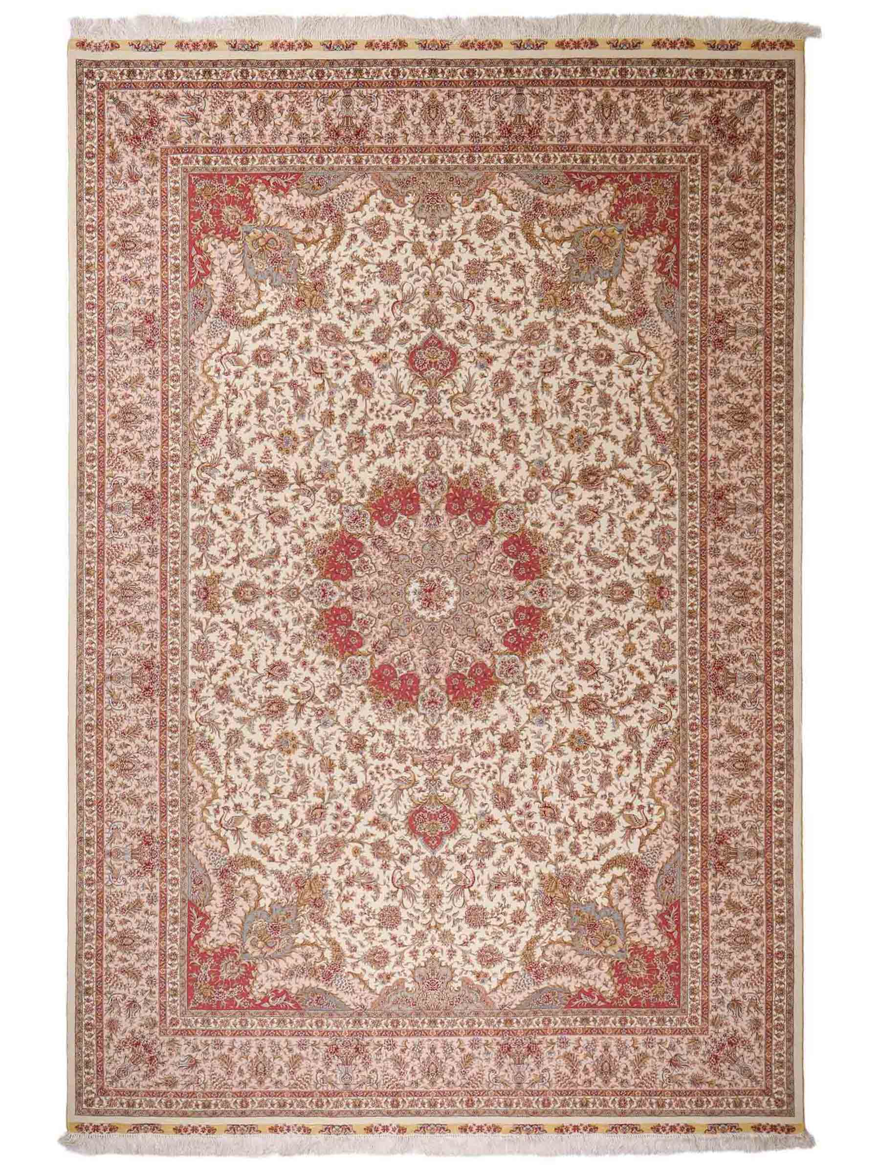 Sehr feiner, handgeknüpfter Khademi Orientteppich mit Täbriz Design aus Wolle mit Seide, creme, rosa. 306x206 cm. Vertrieb durch Jupiter Intl.