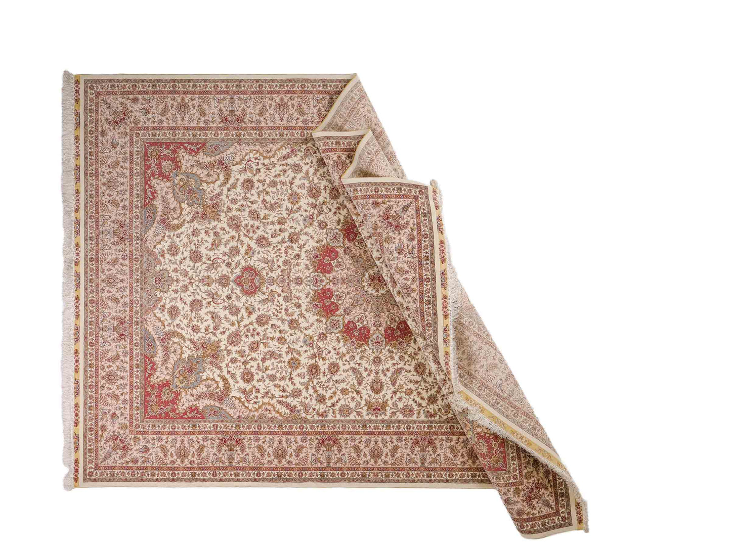 Sehr feiner, handgeknüpfter Khademi Orientteppich mit Täbriz Design aus Wolle mit Seide, creme, rosa. 306x206 cm. Vertrieb durch Jupiter Intl.