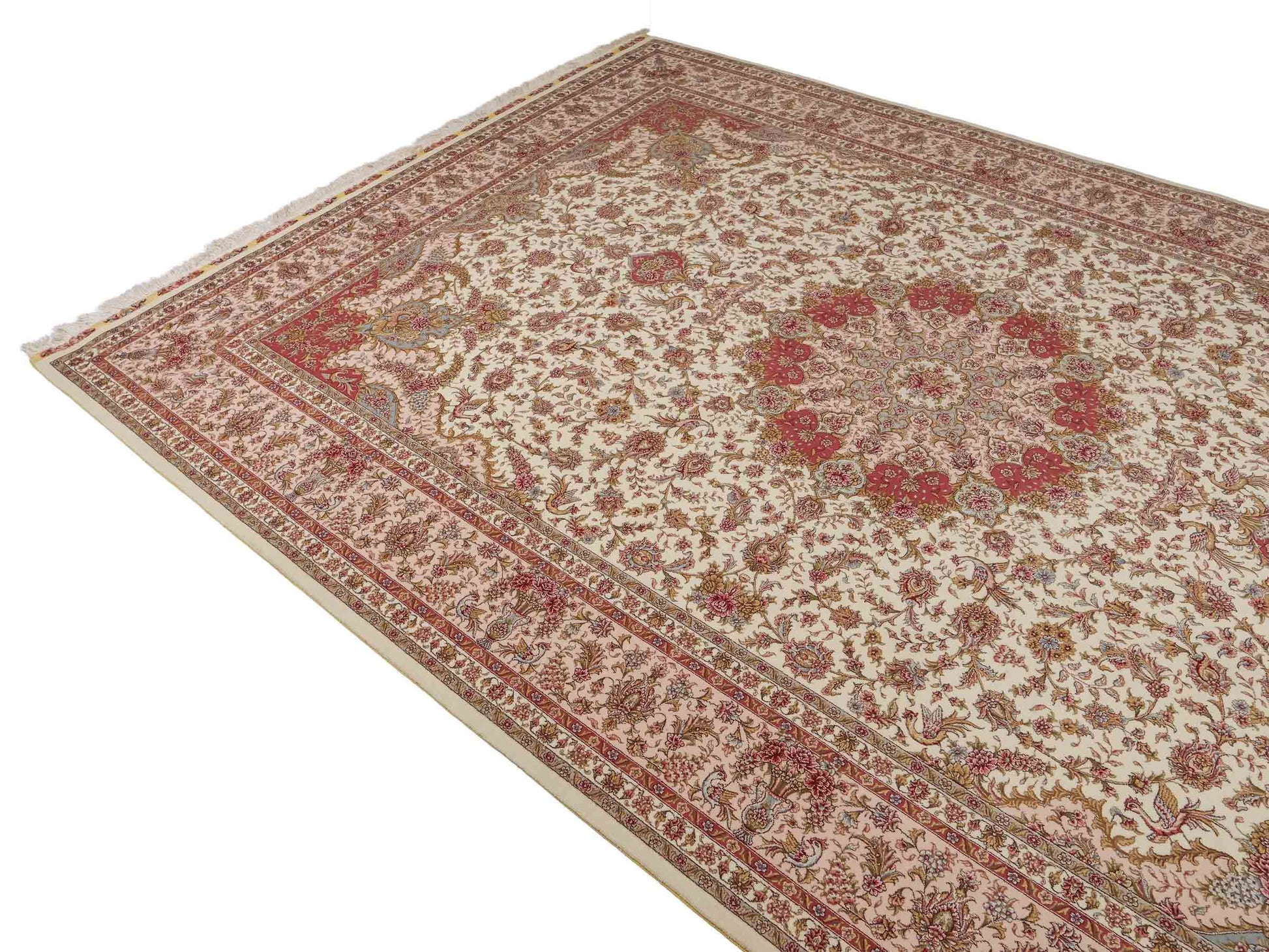 Sehr feiner, handgeknüpfter Khademi Orientteppich mit Täbriz Design aus Wolle mit Seide, creme, rosa. 306x206 cm. Vertrieb durch Jupiter Intl.