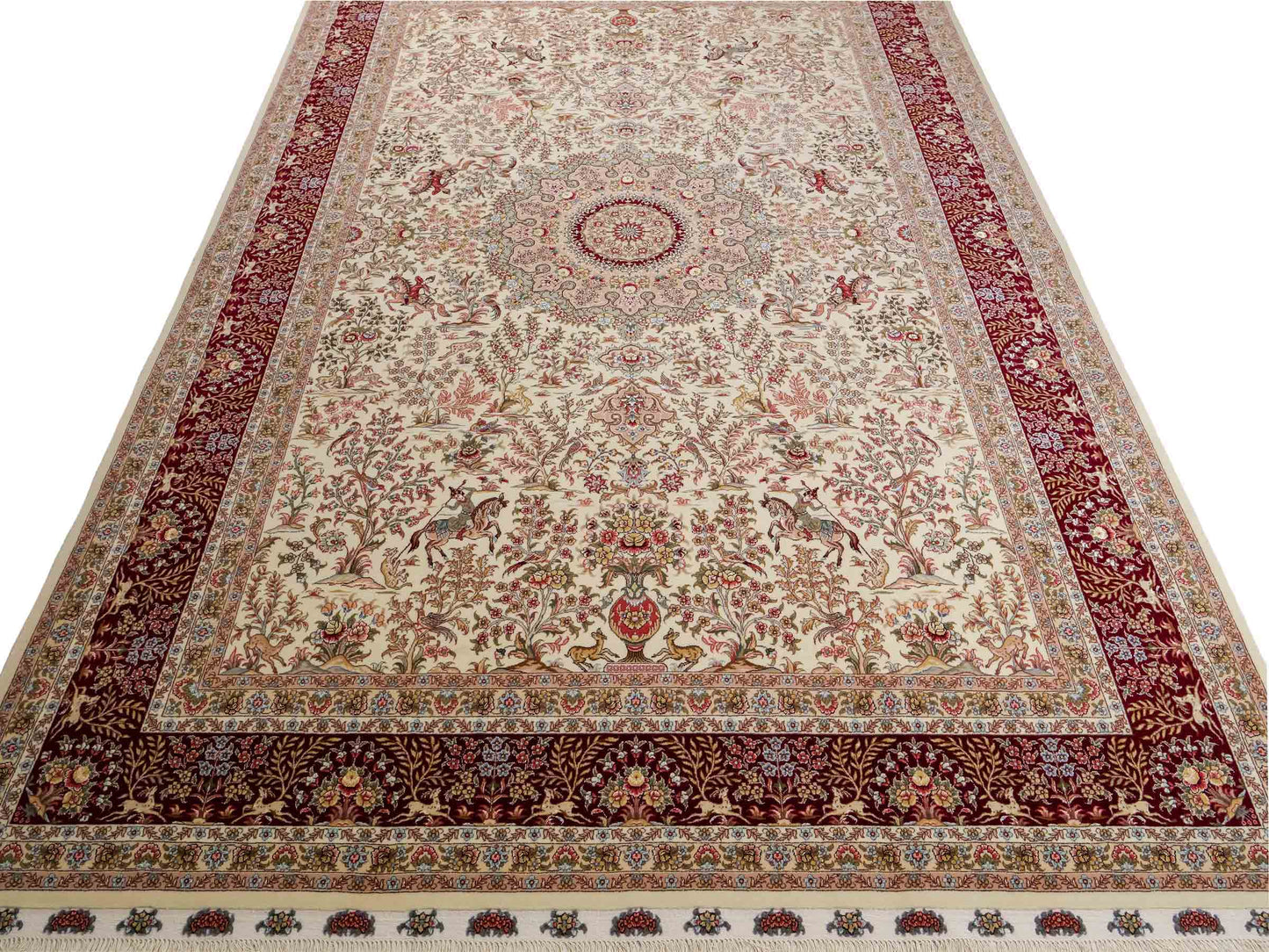 Sehr feiner, handgeknüpfter Khademi Orientteppich mit Täbriz Design aus Wolle mit Seide, creme, weiß, rot. 306x208 cm. Vertrieb durch Jupiter Intl.
