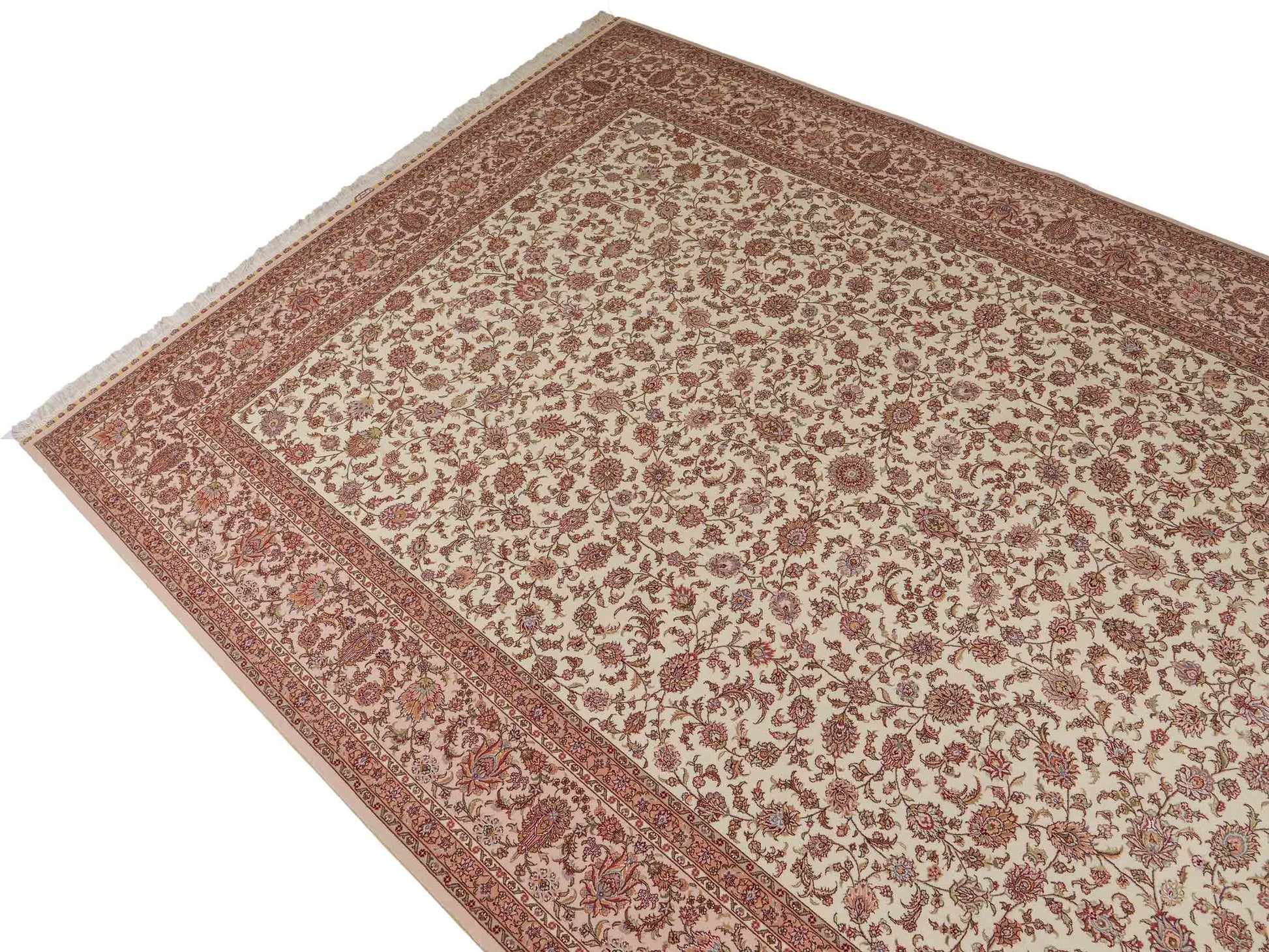 Sehr feiner, handgeknpüfter Khademi Orientteppich mit Täbriz Design aus Wolle mit Seide, creme, weiß. 306x208 cm. Vertrieb durch Jupiter Intl.