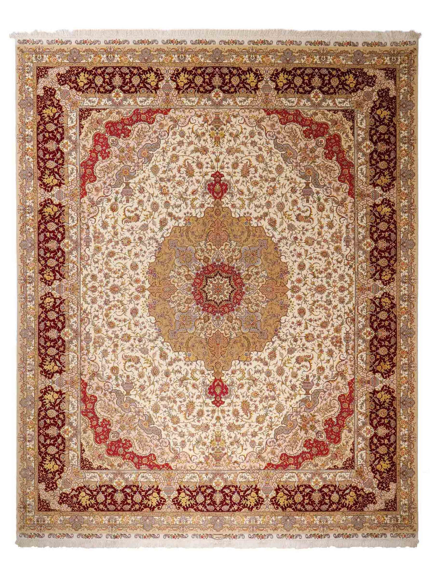 Sehr feiner, handgeknüpfter Khademi Orientteppich mit Täbriz Design aus Wolle mit Seide, creme, rot. 309x252 cm. Vertrieb durch Jupiter Intl.